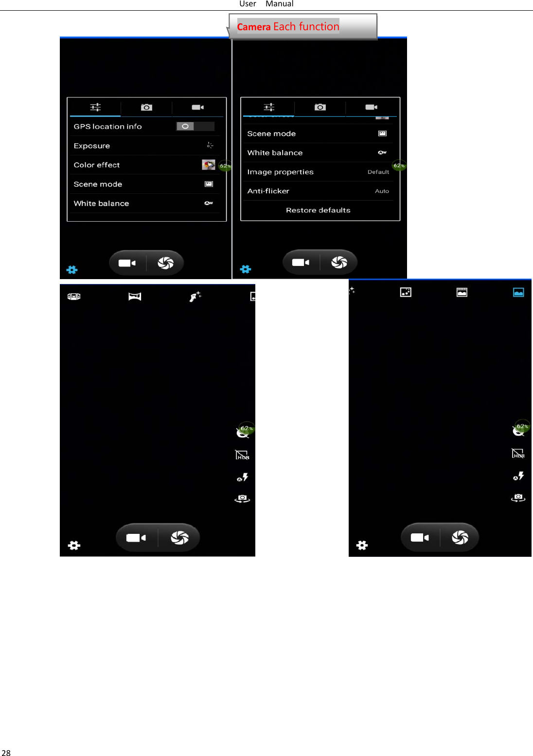 User  Manual 28    Camera Each function     