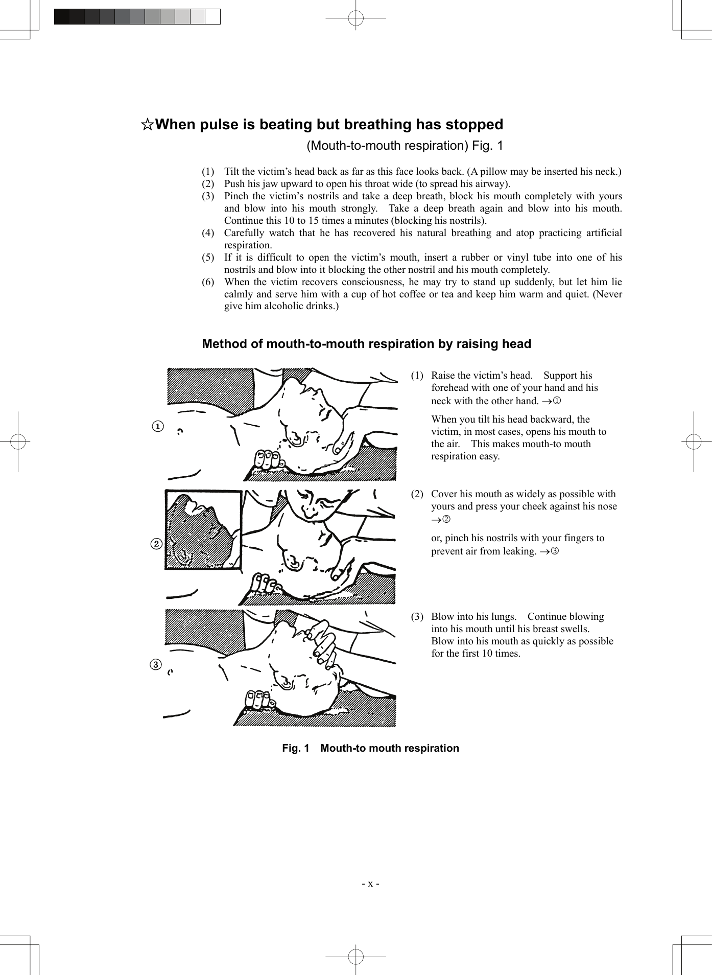  - x - ☆When pulse is beating but breathing has stopped (Mouth-to-mouth respiration) Fig. 1  (1)  Tilt the victim’s head back as far as this face looks back. (A pillow may be inserted his neck.) (2)  Push his jaw upward to open his throat wide (to spread his airway). (3)  Pinch the victim’s nostrils and take a deep breath, block his mouth completely with yours and blow into his mouth strongly.  Take a deep breath again and blow into his mouth.  Continue this 10 to 15 times a minutes (blocking his nostrils). (4)  Carefully watch that he has recovered his natural breathing and atop practicing artificial respiration. (5)  If it is difficult to open the victim’s mouth, insert a rubber or vinyl tube into one of his nostrils and blow into it blocking the other nostril and his mouth completely. (6)  When the victim recovers consciousness, he may try to stand up suddenly, but let him lie calmly and serve him with a cup of hot coffee or tea and keep him warm and quiet. (Never give him alcoholic drinks.)   Method of mouth-to-mouth respiration by raising head  (1)  Raise the victim’s head.    Support his forehead with one of your hand and his neck with the other hand. →1   When you tilt his head backward, the victim, in most cases, opens his mouth to the air.    This makes mouth-to mouth respiration easy. (2)  Cover his mouth as widely as possible with yours and press your cheek against his nose →2    or, pinch his nostrils with your fingers to prevent air from leaking. →3 (3)  Blow into his lungs.    Continue blowing into his mouth until his breast swells.   Blow into his mouth as quickly as possible for the first 10 times.  Fig. 1    Mouth-to mouth respiration   