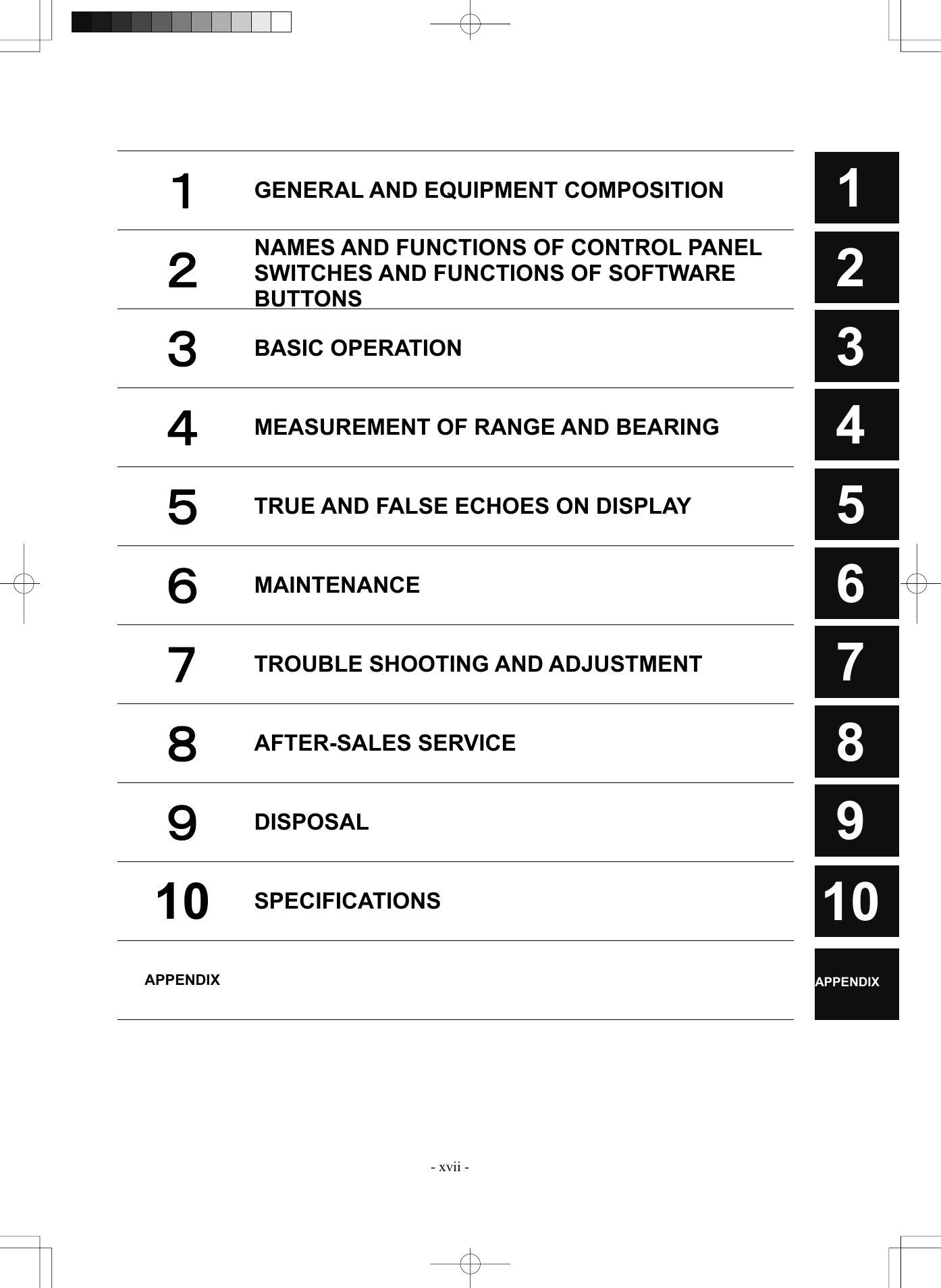  - xvii - 3 4 5 2 1 6 7 8 9 10 APPENDIX  １ GENERAL AND EQUIPMENT COMPOSITION ２ NAMES AND FUNCTIONS OF CONTROL PANEL SWITCHES AND FUNCTIONS OF SOFTWARE BUTTONS３ BASIC OPERATION ４ MEASUREMENT OF RANGE AND BEARING ５ TRUE AND FALSE ECHOES ON DISPLAY ６ MAINTENANCE ７ TROUBLE SHOOTING AND ADJUSTMENT ８ AFTER-SALES SERVICE ９ DISPOSAL 10  SPECIFICATIONS APPENDIX     