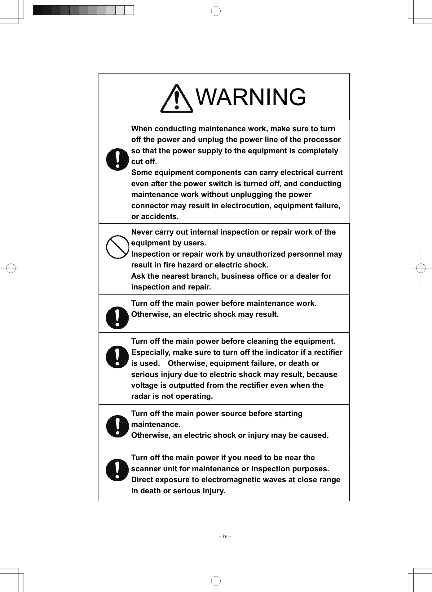  - iv -                                    WARNING Never carry out internal inspection or repair work of the equipment by users. Inspection or repair work by unauthorized personnel may result in fire hazard or electric shock. Ask the nearest branch, business office or a dealer for inspection and repair. Turn off the main power before maintenance work.   Otherwise, an electric shock may result. Turn off the main power before cleaning the equipment.   Especially, make sure to turn off the indicator if a rectifier is used.    Otherwise, equipment failure, or death or serious injury due to electric shock may result, because voltage is outputted from the rectifier even when the radar is not operating. Turn off the main power if you need to be near the scanner unit for maintenance or inspection purposes.   Direct exposure to electromagnetic waves at close range in death or serious injury. Turn off the main power source before starting maintenance. Otherwise, an electric shock or injury may be caused. When conducting maintenance work, make sure to turn off the power and unplug the power line of the processor so that the power supply to the equipment is completely cut off. Some equipment components can carry electrical current even after the power switch is turned off, and conducting maintenance work without unplugging the power connector may result in electrocution, equipment failure, or accidents.