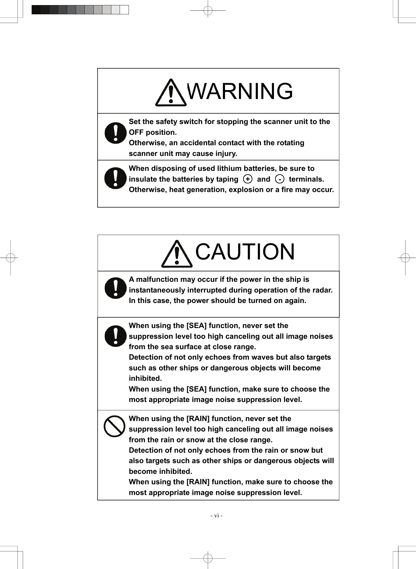  - vi - Set the safety switch for stopping the scanner unit to the OFF position. Otherwise, an accidental contact with the rotating scanner unit may cause injury. CAUTION When disposing of used lithium batteries, be sure to insulate the batteries by taping  ○+  and ○-  terminals. Otherwise, heat generation, explosion or a fire may occur.                                    WARNING When using the [RAIN] function, never set the suppression level too high canceling out all image noises from the rain or snow at the close range. Detection of not only echoes from the rain or snow but also targets such as other ships or dangerous objects will become inhibited. When using the [RAIN] function, make sure to choose the most appropriate image noise suppression level. A malfunction may occur if the power in the ship is instantaneously interrupted during operation of the radar.   In this case, the power should be turned on again.  When using the [SEA] function, never set the suppression level too high canceling out all image noises from the sea surface at close range. Detection of not only echoes from waves but also targets such as other ships or dangerous objects will become inhibited. When using the [SEA] function, make sure to choose the most appropriate image noise suppression level. 