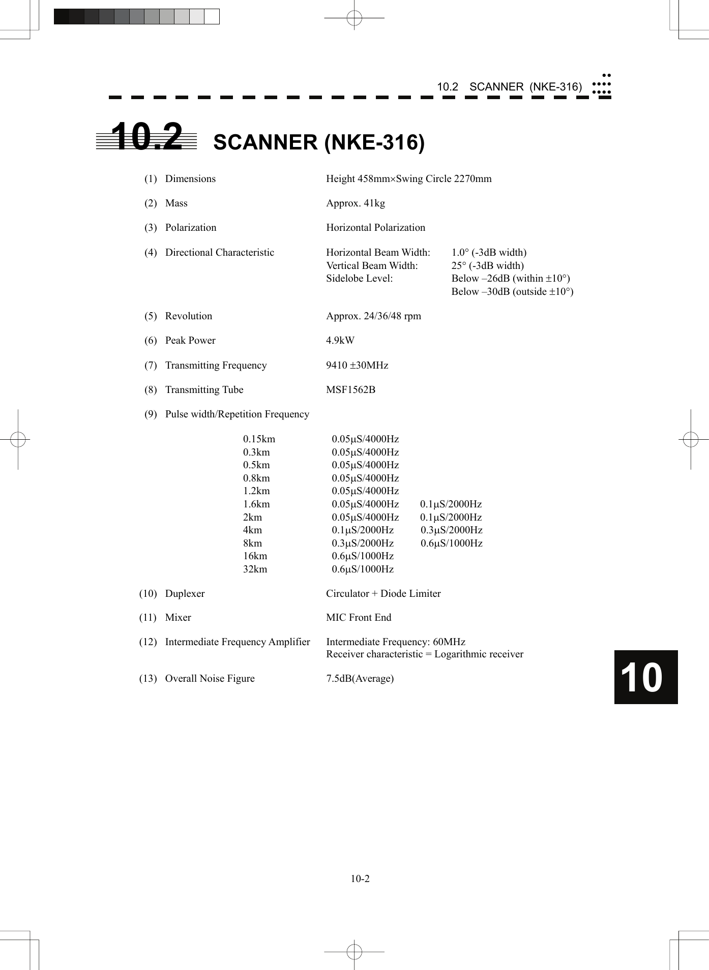    10-210.2  SCANNER (NKE-316)yyyyyyyyyy10 10.2 SCANNER (NKE-316)   (1)  Dimensions  Height 458mm×Swing Circle 2270mm   (2)  Mass  Approx. 41kg   (3)  Polarization  Horizontal Polarization   (4)  Directional Characteristic  Horizontal Beam Width:  1.0° (-3dB width)    Vertical Beam Width:  25° (-3dB width)     Sidelobe Level:  Below –26dB (within ±10°)       Below –30dB (outside ±10°)    (5)  Revolution  Approx. 24/36/48 rpm   (6)  Peak Power  4.9kW   (7)  Transmitting Frequency  9410 ±30MHz   (8)  Transmitting Tube  MSF1562B   (9)  Pulse width/Repetition Frequency        0.15km   0.05μS/4000Hz 0.3km   0.05μS/4000Hz 0.5km   0.05μS/4000Hz 0.8km   0.05μS/4000Hz 1.2km   0.05μS/4000Hz 1.6km   0.05μS/4000Hz    0.1μS/2000Hz 2km   0.05μS/4000Hz    0.1μS/2000Hz 4km   0.1μS/2000Hz 0.3μS/2000Hz 8km   0.3μS/2000Hz 0.6μS/1000Hz 16km   0.6μS/1000Hz 32km   0.6μS/1000Hz  (10)  Duplexer  Circulator + Diode Limiter  (11)  Mixer  MIC Front End  (12)  Intermediate Frequency Amplifier  Intermediate Frequency: 60MHz     Receiver characteristic = Logarithmic receiver  (13) Overall Noise Figure  7.5dB(Average) 