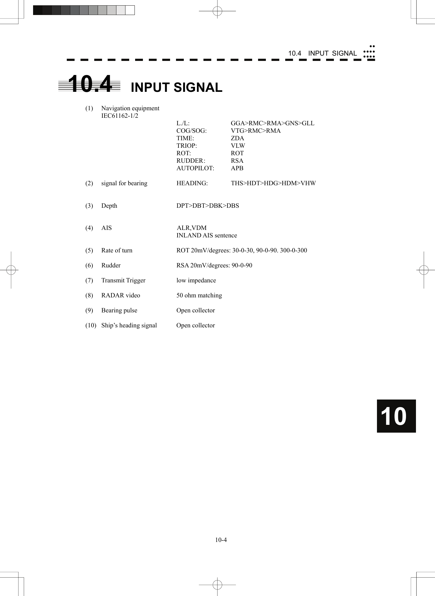    10-410.4  INPUT SIGNALyyyyyyyyyy10 10.4 INPUT SIGNAL  (1) Navigation equipment    IEC61162-1/2     L./L:       GGA&gt;RMC&gt;RMA&gt;GNS&gt;GLL    COG/SOG:  VTG&gt;RMC&gt;RMA     TIME:     ZDA    TRIOP:  VLW      ROT:   ROT    RUDDER :  RSA    AUTOPILOT: APB  (2)  signal for bearing  HEADING:  THS&gt;HDT&gt;HDG&gt;HDM&gt;VHW      (3) Depth  DPT&gt;DBT&gt;DBK&gt;DBS   (4)  AIS                    ALR,VDM     INLAND AIS sentence  (5)  Rate of turn  ROT 20mV/degrees: 30-0-30, 90-0-90. 300-0-300  (6)  Rudder  RSA 20mV/degrees: 90-0-90  (7) Transmit Trigger  low impedance  (8) RADAR video  50 ohm matching  (9)  Bearing pulse  Open collector  (10)  Ship’s heading signal  Open collector   