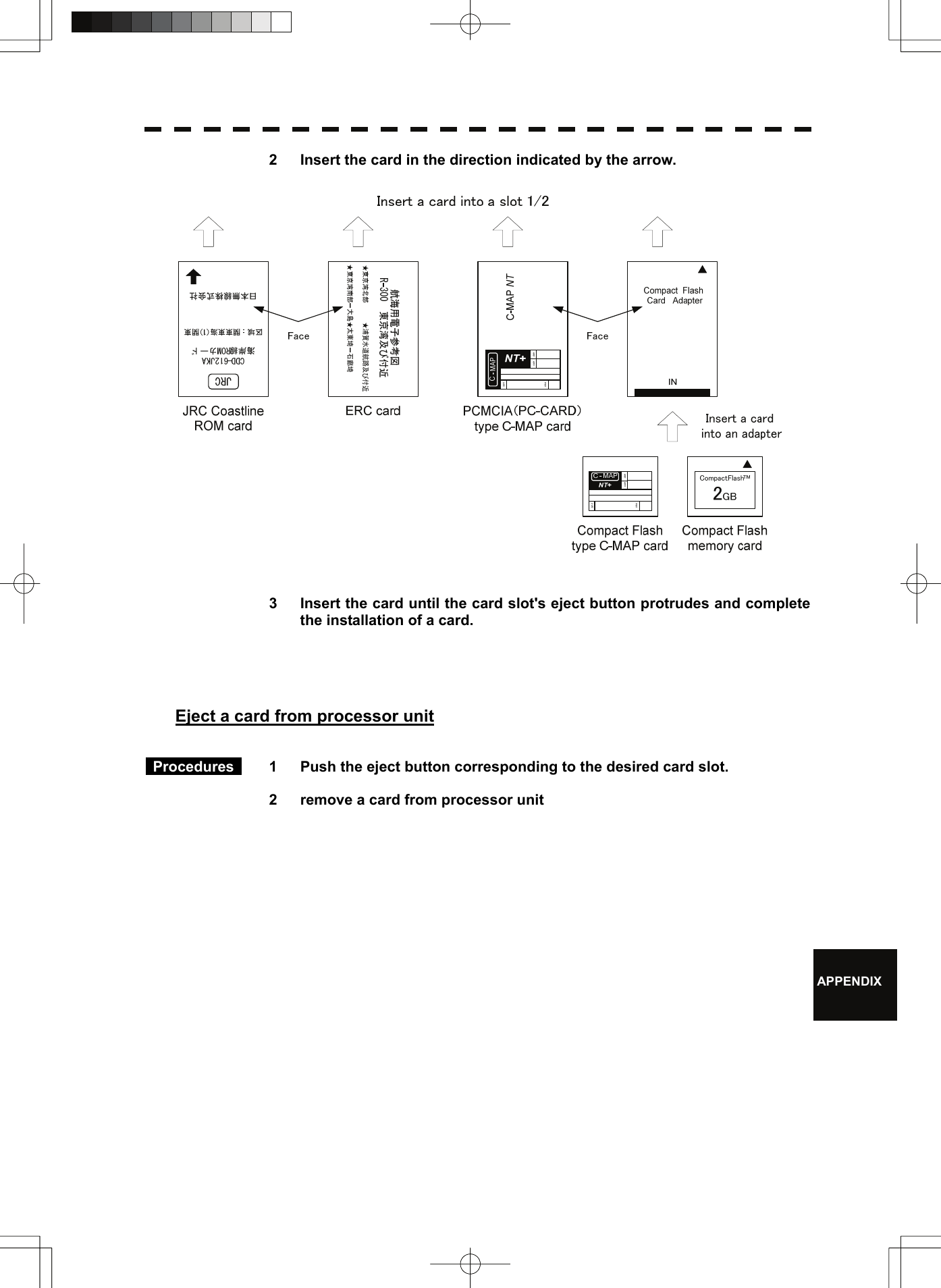    APPENDIX   2  Insert the card in the direction indicated by the arrow.      3  Insert the card until the card slot&apos;s eject button protrudes and complete the installation of a card.     Eject a card from processor unit    Procedures  1  Push the eject button corresponding to the desired card slot.    2  remove a card from processor unit           