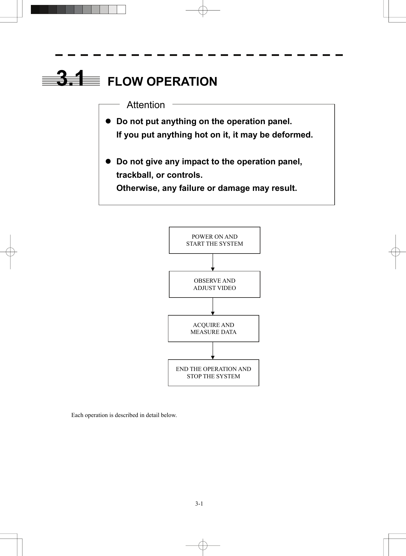   3-13.1 FLOW OPERATION                                         Each operation is described in detail below.     z Do not put anything on the operation panel. If you put anything hot on it, it may be deformed.  z Do not give any impact to the operation panel, trackball, or controls. Otherwise, any failure or damage may result. Attention POWER ON AND START THE SYSTEM OBSERVE AND   ADJUST VIDEO ACQUIRE AND   MEASURE DATA END THE OPERATION AND STOP THE SYSTEM 