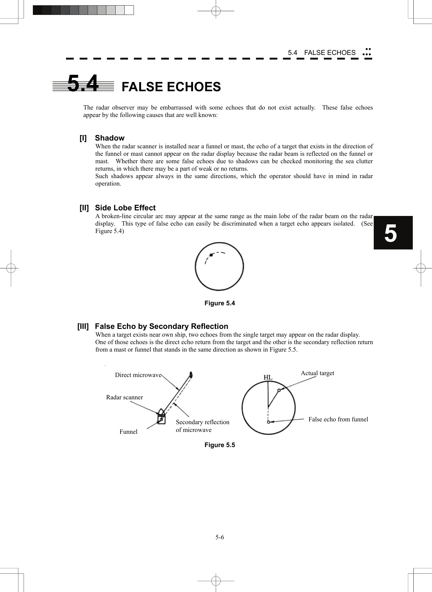   5-65.4  FALSE ECHOES yyyyy55.4 FALSE ECHOES  The radar observer may be embarrassed with some echoes that do not exist actually.  These false echoes appear by the following causes that are well known:   [I] Shadow When the radar scanner is installed near a funnel or mast, the echo of a target that exists in the direction of the funnel or mast cannot appear on the radar display because the radar beam is reflected on the funnel or mast.    Whether there are some false echoes due to shadows can be checked monitoring the sea clutter returns, in which there may be a part of weak or no returns. Such shadows appear always in the same directions, which the operator should have in mind in radar operation.   [II]  Side Lobe Effect A broken-line circular arc may appear at the same range as the main lobe of the radar beam on the radar display.    This type of false echo can easily be discriminated when a target echo appears isolated.    (See Figure 5.4)  Figure 5.4   [III]  False Echo by Secondary Reflection When a target exists near own ship, two echoes from the single target may appear on the radar display. One of those echoes is the direct echo return from the target and the other is the secondary reflection return from a mast or funnel that stands in the same direction as shown in Figure 5.5.   Figure 5.5    Direct microwaveRadar scanner Funnel Actual target Secondary reflection   of microwave False echo from funnel 