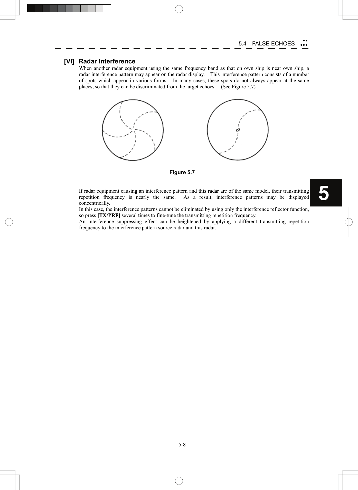   5-85.4  FALSE ECHOES yyyyy5[VI] Radar Interference When another radar equipment using the same frequency band as that on own ship is near own ship, a radar interference pattern may appear on the radar display.    This interference pattern consists of a number of spots which appear in various forms.   In many cases, these spots do not always appear at the same places, so that they can be discriminated from the target echoes.    (See Figure 5.7)   Figure 5.7   If radar equipment causing an interference pattern and this radar are of the same model, their transmitting repetition frequency is nearly the same.  As a result, interference patterns may be displayed concentrically. In this case, the interference patterns cannot be eliminated by using only the interference reflector function, so press [TX/PRF] several times to fine-tune the transmitting repetition frequency. An interference suppressing effect can be heightened by applying a different transmitting repetition frequency to the interference pattern source radar and this radar. 