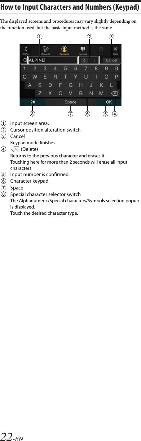 22-ENHow to Input Characters and Numbers (Keypad)The displayed screens and procedures may vary slightly depending on the function used, but the basic input method is the same.Input screen area.Cursor position alteration switchCancelKeypad mode finishes. (Delete)Returns to the previous character and erases it.Touching here for more than 2 seconds will erase all input characters.Input number is confirmed.Character keypadSpaceSpecial character selector switchThe Alphanumeric/Special characters/Symbols selection popup is displayed.Touch the desired character type.