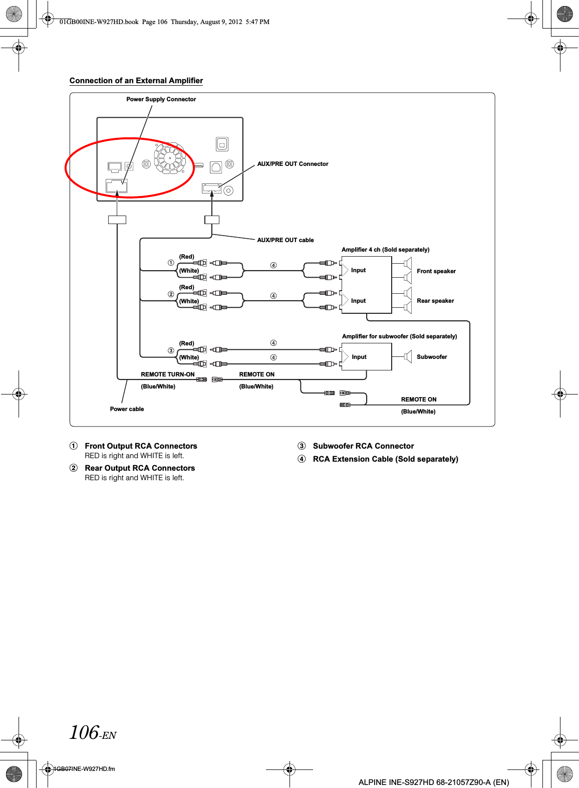 106-EN01GB07INE-W927HD.fmALPINE INE-S927HD 68-21057Z90-A (EN)Connection of an External Amplifier1Front Output RCA ConnectorsRED is right and WHITE is left.2Rear Output RCA ConnectorsRED is right and WHITE is left.3Subwoofer RCA Connector4RCA Extension Cable (Sold separately)AUX/PRE OUT ConnectorPower Supply ConnectorAUX/PRE OUT cable(Red)(White)Amplifier 4 ch (Sold separately)InputInputFront speakerRear speakerREMOTE TURN-ON(Blue/White)Power cableAmplifier for subwoofer (Sold separately)Input Subwoofer(Red)(White)REMOTE ON(Blue/White)REMOTE ON(Blue/White)(Red)(White)01GB00INE-W927HD.book  Page 106  Thursday, August 9, 2012  5:47 PM