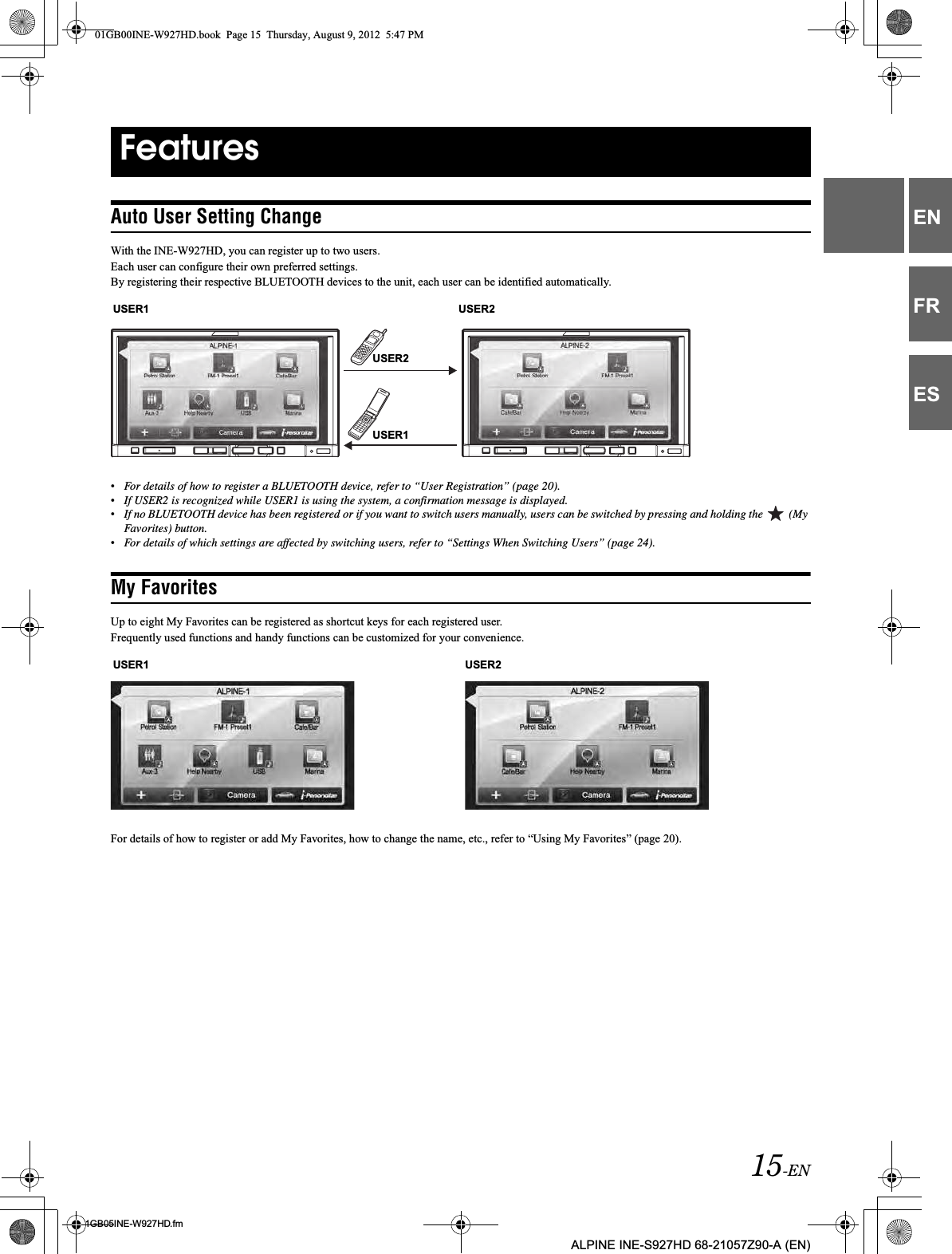 15-EN01GB05INE-W927HD.fmALPINE INE-S927HD 68-21057Z90-A (EN)ENFRESAuto User Setting ChangeWith the INE-W927HD, you can register up to two users.Each user can configure their own preferred settings.By registering their respective BLUETOOTH devices to the unit, each user can be identified automatically.•For details of how to register a BLUETOOTH device, refer to “User Registration” (page 20).•If USER2 is recognized while USER1 is using the system, a confirmation message is displayed.•If no BLUETOOTH device has been registered or if you want to switch users manually, users can be switched by pressing and holding the   (My Favorites) button.•For details of which settings are affected by switching users, refer to “Settings When Switching Users” (page 24).My FavoritesUp to eight My Favorites can be registered as shortcut keys for each registered user.Frequently used functions and handy functions can be customized for your convenience.For details of how to register or add My Favorites, how to change the name, etc., refer to “Using My Favorites” (page 20).FeaturesUSER1USER2USER1 USER2USER1 USER201GB00INE-W927HD.book  Page 15  Thursday, August 9, 2012  5:47 PM