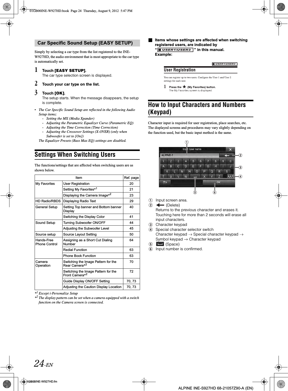 24-EN01GB05INE-W927HD.fmALPINE INE-S927HD 68-21057Z90-A (EN)Simply by selecting a car type from the list registered to the INE-W927HD, the audio environment that is most appropriate to the car type is automatically set.1Touch [EASY SETUP].The car type selection screen is displayed.2Touch your car type on the list.3Touch [OK].The setup starts. When the message disappears, the setup is complete.•The Car Specific Sound Setup are reflected in the following Audio Setup items;-Setting the MX (Media Xpander)-Adjusting the Parametric Equalizer Curve (Parametric EQ)-Adjusting the Time Correction (Time Correction)-Adjusting the Crossover Settings (X-OVER) (only when Subwoofer is set to [On])The Equalizer Presets (Bass Max EQ) settings are disabled.Settings When Switching UsersThe functions/settings that are affected when switching users are as shown below.*1Except i-Personalize Setup*2The display pattern can be set when a camera equipped with a switch function on the Camera screen is connected.Items whose settings are affected when switching registered users, are indicated by “ ” in this manual.Example:How to Input Characters and Numbers (Keypad)Character input is required for user registration, place searches, etc.The displayed screens and procedures may vary slightly depending on the function used, but the basic input method is the same.Input screen area. (Delete)Returns to the previous character and erases it.Touching here for more than 2 seconds will erase all input characters.Character keypadSpecial character selector switchCharacter keypad   Special character keypad   Symbol keypad   Character keypad (Space)Input number is confirmed.Car Specific Sound Setup (EASY SETUP)Item Ref. pageMy Favorites User Registration 20Setting My Favorites*121Displaying the Camera Image*223HD Radio/RBDS Displaying Radio Text 29General Setup Setting Top banner and Bottom banner Display40Switching the Display Color 41Sound Setup  Turning Subwoofer ON/OFF 44Adjusting the Subwoofer Level 45Source setup Source Layout Setting 50Hands-Free Phone ControlAssigning as a Short Cut Dialing Number64Redial Function 63Phone Book Function 63Camera OperationSwitching the Image Pattern for the Rear Camera*270Switching the Image Pattern for the Front Camera*272Guide Display ON/OFF Setting 70, 73Adjusting the Caution Display Location 70, 7301GB00INE-W927HD.book  Page 24  Thursday, August 9, 2012  5:47 PM