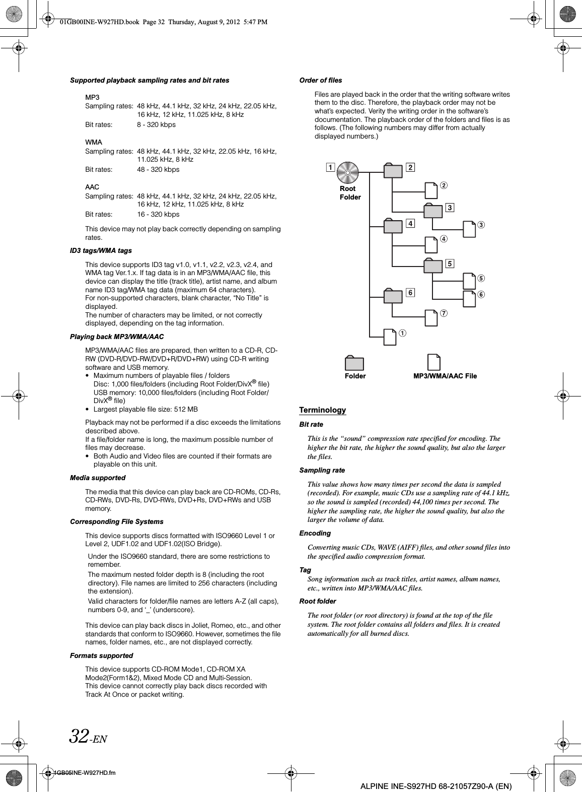 32-EN01GB05INE-W927HD.fmALPINE INE-S927HD 68-21057Z90-A (EN)Supported playback sampling rates and bit ratesMP3WMAAACThis device may not play back correctly depending on sampling rates.ID3 tags/WMA tagsThis device supports ID3 tag v1.0, v1.1, v2.2, v2.3, v2.4, and WMA tag Ver.1.x. If tag data is in an MP3/WMA/AAC file, this device can display the title (track title), artist name, and album name ID3 tag/WMA tag data (maximum 64 characters).For non-supported characters, blank character, “No Title” is displayed.The number of characters may be limited, or not correctly displayed, depending on the tag information.Playing back MP3/WMA/AAC MP3/WMA/AAC files are prepared, then written to a CD-R, CD-RW (DVD-R/DVD-RW/DVD+R/DVD+RW) using CD-R writing software and USB memory.• Maximum numbers of playable files / foldersDisc: 1,000 files/folders (including Root Folder/DivX® file)USB memory: 10,000 files/folders (including Root Folder/DivX® file)• Largest playable file size: 512 MBPlayback may not be performed if a disc exceeds the limitations described above.If a file/folder name is long, the maximum possible number of files may decrease.• Both Audio and Video files are counted if their formats are playable on this unit.Media supportedThe media that this device can play back are CD-ROMs, CD-Rs, CD-RWs, DVD-Rs, DVD-RWs, DVD+Rs, DVD+RWs and USB memory.Corresponding File SystemsThis device supports discs formatted with ISO9660 Level 1 or Level 2, UDF1.02 and UDF1.02(ISO Bridge).This device can play back discs in Joliet, Romeo, etc., and other standards that conform to ISO9660. However, sometimes the file names, folder names, etc., are not displayed correctly.Formats supportedThis device supports CD-ROM Mode1, CD-ROM XA Mode2(Form1&amp;2), Mixed Mode CD and Multi-Session.This device cannot correctly play back discs recorded with Track At Once or packet writing.Order of filesFiles are played back in the order that the writing software writes them to the disc. Therefore, the playback order may not be what’s expected. Verity the writing order in the software’s documentation. The playback order of the folders and files is as follows. (The following numbers may differ from actually displayed numbers.)TerminologyBit rateThis is the “sound” compression rate specified for encoding. The higher the bit rate, the higher the sound quality, but also the larger the files.Sampling rateThis value shows how many times per second the data is sampled (recorded). For example, music CDs use a sampling rate of 44.1 kHz, so the sound is sampled (recorded) 44,100 times per second. The higher the sampling rate, the higher the sound quality, but also the larger the volume of data.EncodingConverting music CDs, WAVE (AIFF) files, and other sound files into the specified audio compression format.TagSong information such as track titles, artist names, album names, etc., written into MP3/WMA/AAC files.Root folderThe root folder (or root directory) is found at the top of the file system. The root folder contains all folders and files. It is created automatically for all burned discs.Sampling rates: 48 kHz, 44.1 kHz, 32 kHz, 24 kHz, 22.05 kHz, 16 kHz, 12 kHz, 11.025 kHz, 8 kHzBit rates: 8 - 320 kbpsSampling rates: 48 kHz, 44.1 kHz, 32 kHz, 22.05 kHz, 16 kHz, 11.025 kHz, 8 kHzBit rates: 48 - 320 kbpsSampling rates: 48 kHz, 44.1 kHz, 32 kHz, 24 kHz, 22.05 kHz, 16 kHz, 12 kHz, 11.025 kHz, 8 kHzBit rates: 16 - 320 kbpsUnder the ISO9660 standard, there are some restrictions to remember.The maximum nested folder depth is 8 (including the root directory). File names are limited to 256 characters (including the extension).Valid characters for folder/file names are letters A-Z (all caps), numbers 0-9, and ‘_’ (underscore).Root FolderFolder MP3/WMA/AAC File01GB00INE-W927HD.book  Page 32  Thursday, August 9, 2012  5:47 PM