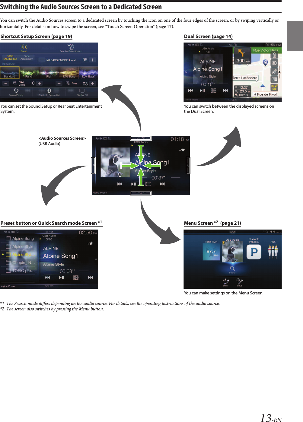 13-ENSwitching the Audio Sources Screen to a Dedicated ScreenYou can switch the Audio Sources screen to a dedicated screen by touching the icon on one of the four edges of the screen, or by swiping vertically or horizontally. For details on how to swipe the screen, see “Touch Screen Operation” (page 17).*1 The Search mode differs depending on the audio source. For details, see the operating instructions of the audio source.*2 The screen also switches by pressing the Menu button.Shortcut Setup Screen (page 19)Preset button or Quick Search mode Screen*1You can set the Sound Setup or Rear Seat Entertainment System.&lt;Audio Sources Screen&gt;(USB Audio)Dual Screen (page 14)You can switch between the displayed screens on the Dual Screen.Menu Screen  (page 21)*2You can make settings on the Menu Screen.