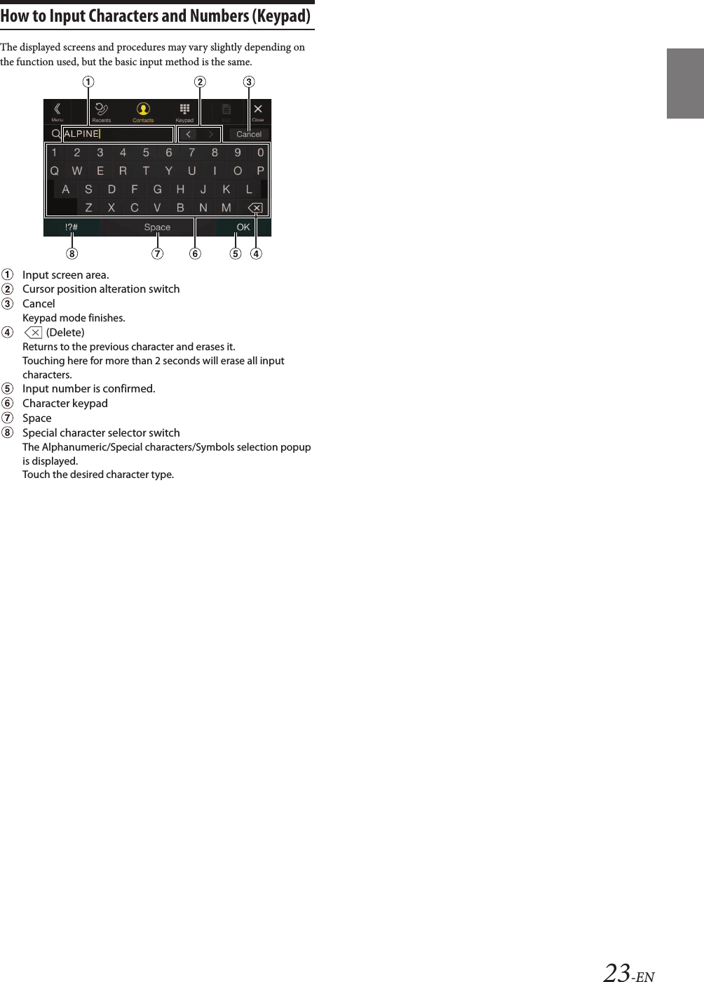 23-ENHow to Input Characters and Numbers (Keypad)The displayed screens and procedures may vary slightly depending on the function used, but the basic input method is the same.Input screen area.Cursor position alteration switchCancelKeypad mode finishes. (Delete)Returns to the previous character and erases it.Touching here for more than 2 seconds will erase all input characters.Input number is confirmed.Character keypadSpaceSpecial character selector switchThe Alphanumeric/Special characters/Symbols selection popup is displayed.Touch the desired character type.