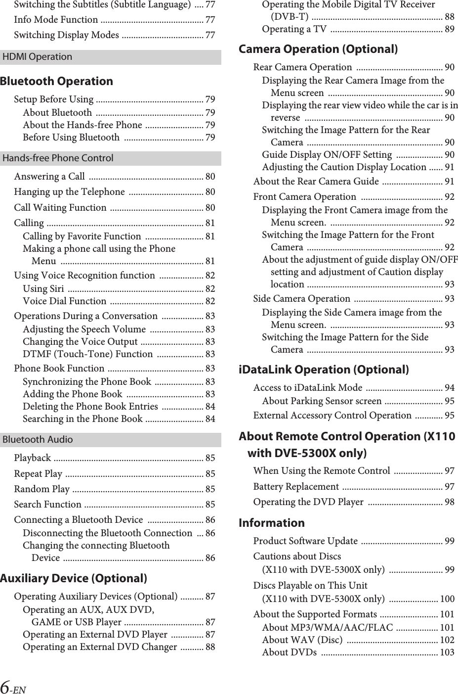 6-ENSwitching the Subtitles (Subtitle Language) .... 77Info Mode Function ............................................ 77Switching Display Modes ................................... 77HDMI OperationBluetooth OperationSetup Before Using .............................................. 79About Bluetooth .............................................. 79About the Hands-free Phone ......................... 79Before Using Bluetooth  .................................. 79Hands-free Phone ControlAnswering a Call  ................................................. 80Hanging up the Telephone  ................................ 80Call Waiting Function ........................................ 80Calling ................................................................... 81Calling by Favorite Function  ......................... 81Making a phone call using the Phone Menu  ............................................................. 81Using Voice Recognition function  ................... 82Using Siri .......................................................... 82Voice Dial Function ........................................ 82Operations During a Conversation  .................. 83Adjusting the Speech Volume  ....................... 83Changing the Voice Output ........................... 83DTMF (Touch-Tone) Function  .................... 83Phone Book Function ......................................... 83Synchronizing the Phone Book ..................... 83Adding the Phone Book  ................................. 83Deleting the Phone Book Entries .................. 84Searching in the Phone Book ......................... 84Bluetooth AudioPlayback ................................................................ 85Repeat Play ........................................................... 85Random Play ........................................................ 85Search Function ................................................... 85Connecting a Bluetooth Device  ........................ 86Disconnecting the Bluetooth Connection  ... 86Changing the connecting Bluetooth Device ............................................................ 86Auxiliary Device (Optional)Operating Auxiliary Devices (Optional) .......... 87Operating an AUX, AUX DVD, GAME or USB Player .................................. 87Operating an External DVD Player .............. 87Operating an External DVD Changer .......... 88Operating the Mobile Digital TV Receiver (DVB-T) ........................................................ 88Operating a TV ................................................ 89Camera Operation (Optional)Rear Camera Operation  ..................................... 90Displaying the Rear Camera Image from the Menu screen  ................................................. 90Displaying the rear view video while the car is in reverse  ........................................................... 90Switching the Image Pattern for the Rear Camera .......................................................... 90Guide Display ON/OFF Setting  .................... 90Adjusting the Caution Display Location ...... 91About the Rear Camera Guide .......................... 91Front Camera Operation  ................................... 92Displaying the Front Camera image from the Menu screen.  ................................................ 92Switching the Image Pattern for the Front Camera .......................................................... 92About the adjustment of guide display ON/OFF setting and adjustment of Caution display location .......................................................... 93Side Camera Operation ...................................... 93Displaying the Side Camera image from the Menu screen.  ................................................ 93Switching the Image Pattern for the Side Camera .......................................................... 93iDataLink Operation (Optional)Access to iDataLink Mode ................................. 94About Parking Sensor screen ......................... 95External Accessory Control Operation ............ 95About Remote Control Operation (X110 with DVE-5300X only)When Using the Remote Control  ..................... 97Battery Replacement ........................................... 97Operating the DVD Player  ................................ 98InformationProduct Software Update ................................... 99Cautions about Discs (X110 with DVE-5300X only)  ....................... 99Discs Playable on This Unit (X110 with DVE-5300X only)  ..................... 100About the Supported Formats ......................... 101About MP3/WMA/AAC/FLAC .................. 101About WAV (Disc)  ....................................... 102About DVDs  .................................................. 103