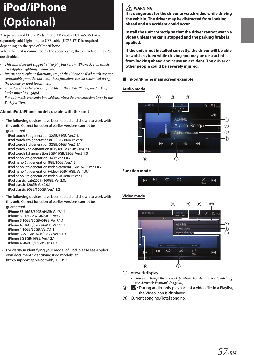 57-ENA separately sold USB iPod/iPhone AV cable (KCU-461iV) or a separately sold Lightning to USB cable (KCU-471i) is required depending on the type of iPod/iPhone.When the unit is connected by the above cable, the controls on the iPod are disabled.• This unit does not support video playback from iPhone 5, etc., which uses Apple’s Lightning Connector.• Internet or telephone functions, etc., of the iPhone or iPod touch are not controllable from the unit, but these functions can be controlled using the iPhone or iPod touch itself.• To watch the video screen of the file in the iPod/iPhone, the parking brake must be engaged.• For automatic transmission vehicles, place the transmission lever in the Park position.About iPod/iPhone models usable with this unit• The following devices have been tested and shown to work with this unit. Correct function of earlier versions cannot be guaranteed.iPod touch 5th generation 32GB/64GB: Ver.7.1.1iPod touch 4th generation 8GB/32GB/64GB: Ver.6.1.3iPod touch 3rd generation 32GB/64GB: Ver.5.1.1iPod touch 2nd generation 8GB/16GB/32GB: Ver.4.2.1iPod touch 1st generation 8GB/16GB/32GB: Ver.3.1.3iPod nano 7th generation 16GB: Ver.1.0.2iPod nano 6th generation 8GB/16GB: Ver.1.2iPod nano 5th generation (video camera) 8GB/16GB: Ver.1.0.2iPod nano 4th generation (video) 8GB/16GB: Ver.1.0.4iPod nano 3rd generation (video) 4GB/8GB: Ver.1.1.3iPod classic (Late2009) 160GB: Ver.2.0.4iPod classic 120GB: Ver.2.0.1iPod classic 80GB/160GB: Ver.1.1.2• The following devices have been tested and shown to work with this unit. Correct function of earlier versions cannot be guaranteed.iPhone 5S 16GB/32GB/64GB: Ver.7.1.1iPhone 5C 16GB/32GB/64GB: Ver.7.1.1iPhone 5 16GB/32GB/64GB: Ver.7.1.1iPhone 4S 16GB/32GB/64GB: Ver.7.1.1iPhone 4 16GB/32GB: Ver.7.1.1iPhone 3GS 8GB/16GB/32GB: Ver.6.1.3iPhone 3G 8GB/16GB: Ver.4.2.1iPhone 4GB/8GB/16GB: Ver.3.1.3• For clarity in identifying your model of iPod, please see Apple’s own document “Identifying iPod models” at http://support.apple.com/kb/HT1353.iPod/iPhone main screen exampleAudio modeFunction modeVideo modeArtwork display• You can change the artwork position. For details, see “Switching the Artwork Position” (page 40). : During audio-only playback of a video file in a Playlist, the Video icon is displayed.Current song no./Total song no.iPod/iPhone (Optional) WARNINGIt is dangerous for the driver to watch video while driving the vehicle. The driver may be distracted from looking ahead and an accident could occur.Install the unit correctly so that the driver cannot watch a video unless the car is stopped and the parking brake is applied.If the unit is not installed correctly, the driver will be able to watch a video while driving and may be distracted from looking ahead and cause an accident. The driver or other people could be severely injured.