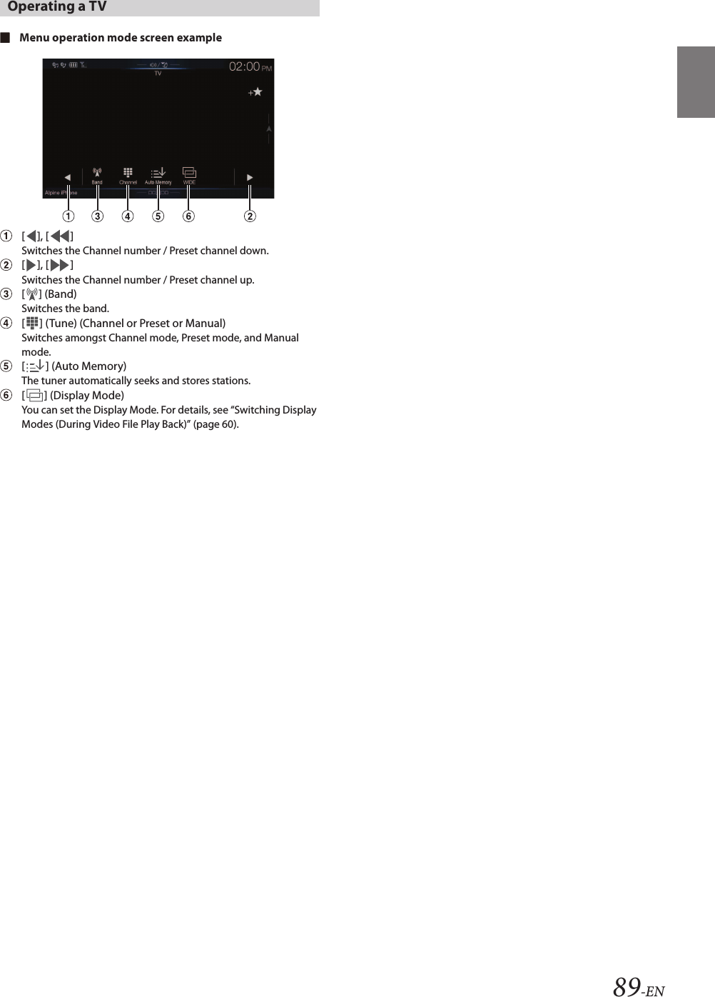 89-ENMenu operation mode screen example[ ], [ ]Switches the Channel number / Preset channel down.[ ], [ ]Switches the Channel number / Preset channel up.[ ] (Band)Switches the band.[ ] (Tune) (Channel or Preset or Manual)Switches amongst Channel mode, Preset mode, and Manual mode. [ ] (Auto Memory)The tuner automatically seeks and stores stations.[ ] (Display Mode)You can set the Display Mode. For details, see “Switching Display Modes (During Video File Play Back)” (page 60).Operating a TV