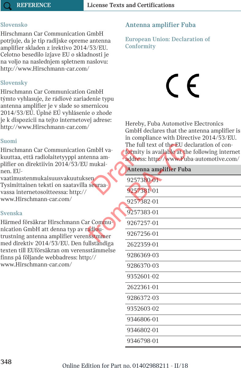 SlovenskoHirschmann Car Communication GmbHpotrjuje, da je tip radijske opreme antennaamplifier skladen z irektivo 2014/53/EU.Celotno besedilo izjave EU o skladnosti jena voljo na naslednjem spletnem naslovu:http://www.Hirschmann-car.com/SlovenskyHirschmann Car Communication GmbHtýmto vyhlasuje, že rádiové zariadenie typuantenna amplifier je v slade so smernicou2014/53/EÚ. Úplné EÚ vyhlásenie o zhodeje k dispozícii na tejto internetovej adrese:http://www.Hirschmann-car.com/SuomiHirschmann Car Communication GmbH va-kuuttaa, että radiolaitetyyppi antenna am-plifier on direktiivin 2014/53/EU mukai-nen. EU-vaatimustenmukaisuusvakuutuksenTysimittainen teksti on saatavilla seuraa-vassa internetosoitteessa: http://www.Hirschmann-car.com/SvenskaHärmed försäkrar Hirschmann Car Commu-nication GmbH att denna typ av radiou-trustning antenna amplifier verensstmmermed direktiv 2014/53/EU. Den fullständigatexten till EUförsäkran om verensstämmelsefinns på följande webbadress: http://www.Hirschmann-car.com/Antenna amplifier FubaEuropean Union: Declaration ofConformityHereby, Fuba Automotive ElectronicsGmbH declares that the antenna amplifier isin compliance with Directive 2014/53/EU.The full text of the EU declaration of con-formity is available at the following internetaddress: http://www.Fuba-automotive.com/Antenna amplifier Fuba9257380-019257381-019257382-019257383-019267257-019267256-012622359-019286369-039286370-039352601-022622361-019286372-039352603-029346806-019346802-019346798-01Seite 348REFERENCE License Texts and Certifications348 Online Edition for Part no. 01402988211 - II/18Draft from BA-76