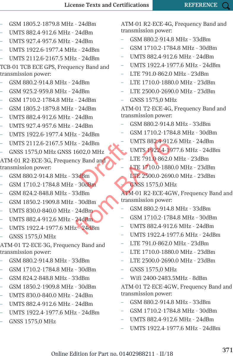 –GSM 1805.2-1879.8 MHz - 24dBm–UMTS 882.4-912.6 MHz - 24dBm–UMTS 927.4-957.6 MHz - 24dBm–UMTS 1922.6-1977.4 MHz - 24dBm–UMTS 2112.6-2167.5 MHz - 24dBmTCB-01 TCB ECE GPS, Frequency Band andtransmission power:–GSM 880.2-914.8 MHz - 24dBm–GSM 925.2-959.8 MHz - 24dBm–GSM 1710.2-1784.8 MHz - 24dBm–GSM 1805.2-1879.8 MHz - 24dBm–UMTS 882.4-912.6 MHz - 24dBm–UMTS 927.4-957.6 MHz - 24dBm–UMTS 1922.6-1977.4 MHz - 24dBm–UMTS 2112.6-2167.5 MHz - 24dBm–GNSS 1575,0 MHz GNSS 1602,0 MHzATM-01 R2-ECE-3G, Frequency Band andtransmission power:–GSM 880.2-914.8 MHz - 33dBm–GSM 1710.2-1784.8 MHz - 30dBm–GSM 824.2-848.8 MHz - 33dBm–GSM 1850.2-1909.8 MHz - 30dBm–UMTS 830.0-840.0 MHz - 24dBm–UMTS 882.4-912.6 MHz - 24dBm–UMTS 1922.4-1977.6 MHz - 24dBm–GNSS 1575,0 MHzATM-01 T2-ECE-3G, Frequency Band andtransmission power:–GSM 880.2-914.8 MHz - 33dBm–GSM 1710.2-1784.8 MHz - 30dBm–GSM 824.2-848.8 MHz - 33dBm–GSM 1850.2-1909.8 MHz - 30dBm–UMTS 830.0-840.0 MHz - 24dBm–UMTS 882.4-912.6 MHz - 24dBm–UMTS 1922.4-1977.6 MHz - 24dBm–GNSS 1575,0 MHzATM-01 R2-ECE-4G, Frequency Band andtransmission power:–GSM 880.2-914.8 MHz - 33dBm–GSM 1710.2-1784.8 MHz - 30dBm–UMTS 882.4-912.6 MHz - 24dBm–UMTS 1922.4-1977.6 MHz - 24dBm–LTE 791.0-862.0 MHz - 23dBm–LTE 1710.0-1880.0 MHz - 23dBm–LTE 2500.0-2690.0 MHz - 23dBm–GNSS 1575,0 MHzATM-01 T2-ECE-4G, Frequency Band andtransmission power:–GSM 880.2-914.8 MHz - 33dBm–GSM 1710.2-1784.8 MHz - 30dBm–UMTS 882.4-912.6 MHz - 24dBm–UMTS 1922.4-1977.6 MHz - 24dBm–LTE 791.0-862.0 MHz - 23dBm–LTE 1710.0-1880.0 MHz - 23dBm–LTE 2500.0-2690.0 MHz - 23dBm–GNSS 1575,0 MHzATM-01 R2-ECE-4GW, Frequency Band andtransmission power:–GSM 880.2-914.8 MHz - 33dBm–GSM 1710.2-1784.8 MHz - 30dBm–UMTS 882.4-912.6 MHz - 24dBm–UMTS 1922.4-1977.6 MHz - 24dBm–LTE 791.0-862.0 MHz - 23dBm–LTE 1710.0-1880.0 MHz - 23dBm–LTE 2500.0-2690.0 MHz - 23dBm–GNSS 1575,0 MHz–Wifi 2400-2483.5MHz - 8dBmATM-01 T2-ECE-4GW, Frequency Band andtransmission power:–GSM 880.2-914.8 MHz - 33dBm–GSM 1710.2-1784.8 MHz - 30dBm–UMTS 882.4-912.6 MHz - 24dBm–UMTS 1922.4-1977.6 MHz - 24dBmSeite 371License Texts and Certifications REFERENCE371Online Edition for Part no. 01402988211 - II/18Draft from BA-76