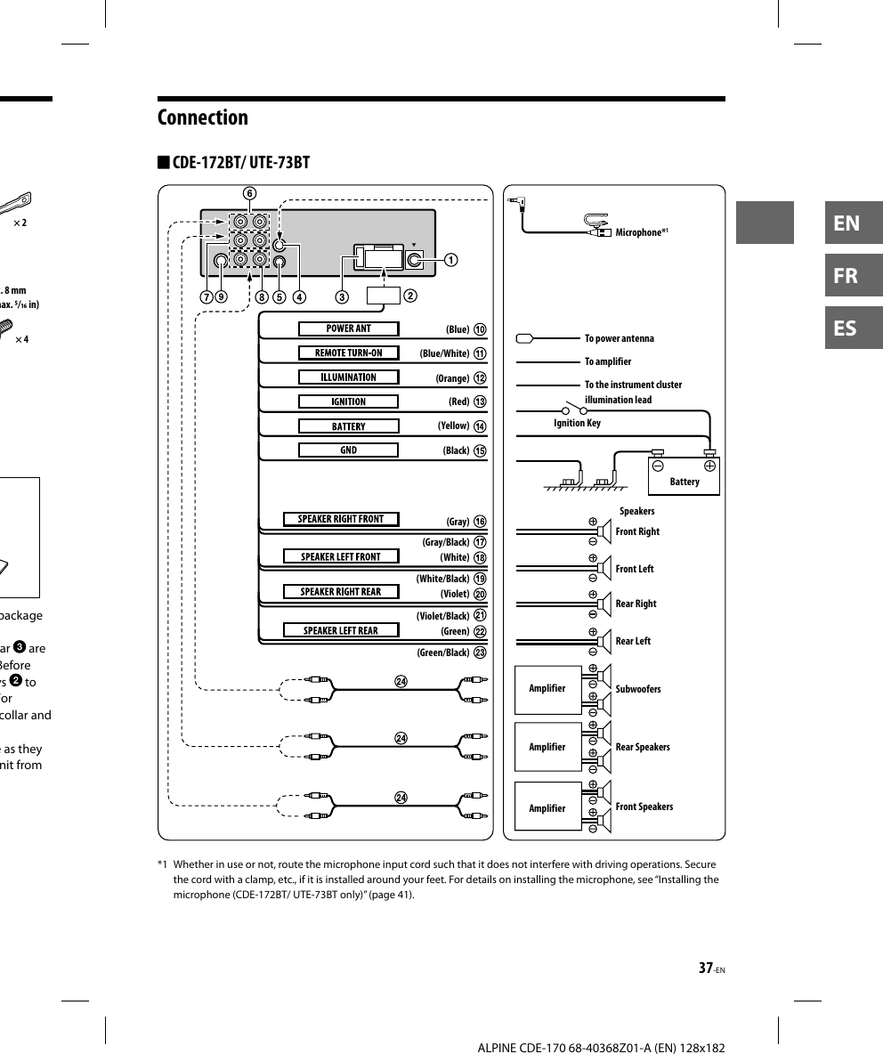 37-EN  ALPINE CDE-170 68-40368Z01-A (EN) 128x182ENFRESConnection CDE-172BT/ UTE-73BT(Blue/White) To amplifierTo power antennaTo the instrument cluster illumination leadIgnition KeyBattery(Red)(Black)(Blue)(Orange)(Yellow)(Green)(Green/Black)(White)(White/Black)(Gray/Black)(Gray)(Violet/Black)(Violet)SpeakersRear LeftFront LeftFront RightRear RightMicrophone*1SubwoofersFront SpeakersAmplifierAmplifierRear SpeakersAmplifier*1  Whether in use or not, route the microphone input cord such that it does not interfere with driving operations. Secure the cord with a clamp, etc., if it is installed around your feet. For details on installing the microphone, see “Installing the microphone (CDE-172BT/ UTE-73BT only)” (page41).× 2x. 8 mmmax. / in)× 4package ar   are Before ys   to For collar and e as they nit from 