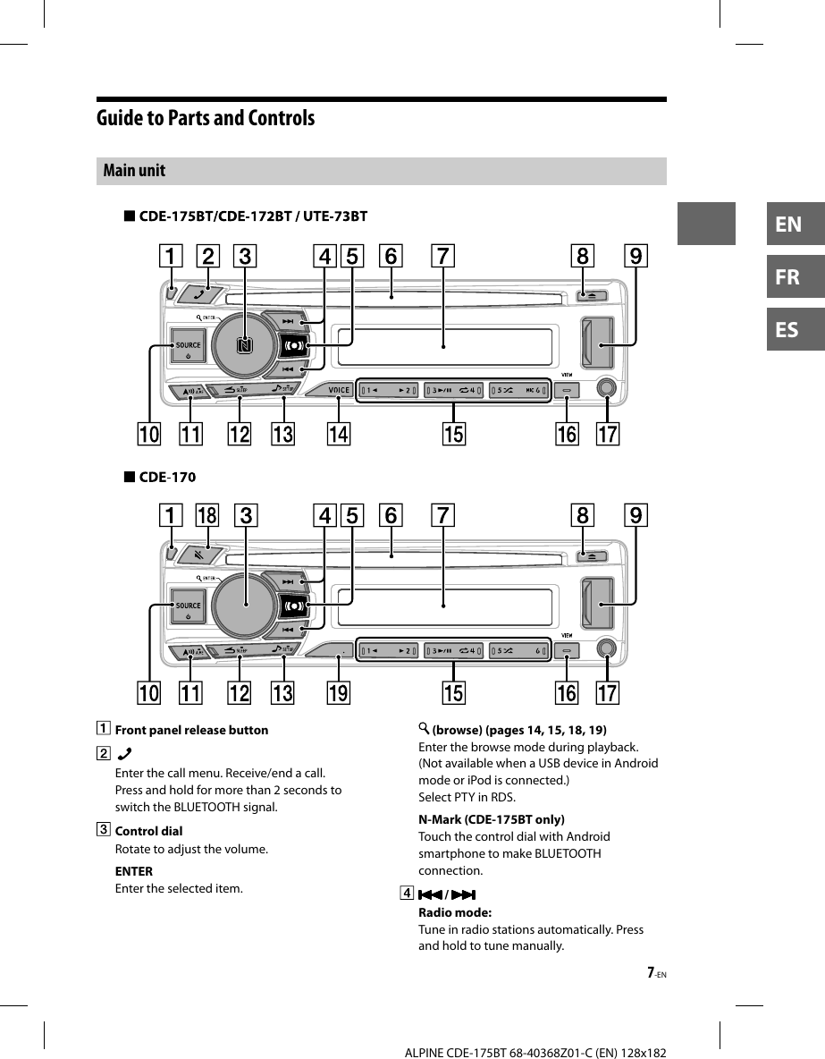 7-ENALPINE CDE-175BT 68-40368Z01-C (EN) 128x182ENFRESGuide to Parts and ControlsMain unit  Front panel release buttonEnter the call menu. Receive/end a call.Press and hold for more than 2 seconds to switch the BLUETOOTH signal. Control dialRotate to adjust the volume.ENTEREnter the selected item. (browse) (pages 14, 15, 18, 19)Enter the browse mode during playback.(Not available when a USB device in Android mode or iPod is connected.)Select PTY in RDS.N-Mark (CDE-175BT only)Touch the control dial with Android smartphone to make BLUETOOTH connection. / Radio mode:Tune in radio stations automatically. Press and hold to tune manually.