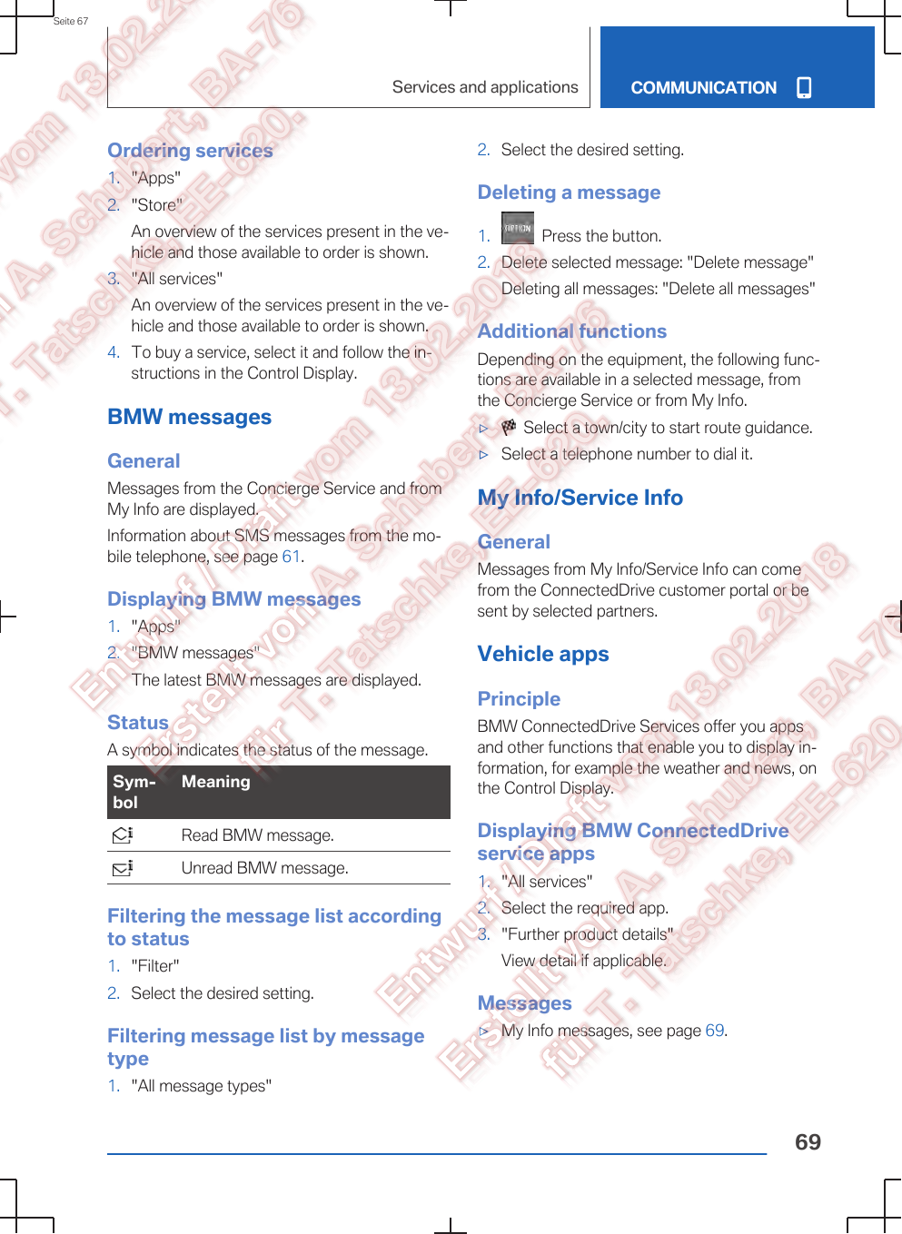 Ordering services1. &quot;Apps&quot;2. &quot;Store&quot;An overview of the services present in the ve‐hicle and those available to order is shown.3. &quot;All services&quot;An overview of the services present in the ve‐hicle and those available to order is shown.4. To buy a service, select it and follow the in‐structions in the Control Display.BMW messagesGeneralMessages from the Concierge Service and fromMy Info are displayed.Information about SMS messages from the mo‐bile telephone, see page 61.Displaying BMW messages1. &quot;Apps&quot;2. &quot;BMW messages&quot;The latest BMW messages are displayed.StatusA symbol indicates the status of the message.Sym‐bolMeaning  Read BMW message.  Unread BMW message.Filtering the message list accordingto status1. &quot;Filter&quot;2. Select the desired setting.Filtering message list by messagetype1. &quot;All message types&quot;2. Select the desired setting.Deleting a message1.   Press the button.2. Delete selected message: &quot;Delete message&quot;Deleting all messages: &quot;Delete all messages&quot;Additional functionsDepending on the equipment, the following func‐tions are available in a selected message, fromthe Concierge Service or from My Info.▷  Select a town/city to start route guidance.▷Select a telephone number to dial it.My Info/Service InfoGeneralMessages from My Info/Service Info can comefrom the ConnectedDrive customer portal or besent by selected partners.Vehicle appsPrincipleBMW ConnectedDrive Services offer you appsand other functions that enable you to display in‐formation, for example the weather and news, onthe Control Display.Displaying BMW ConnectedDriveservice apps1. &quot;All services&quot;2. Select the required app.3. &quot;Further product details&quot;View detail if applicable.Messages▷My Info messages, see page 69.Seite 67Services and applications COMMUNICATION69
