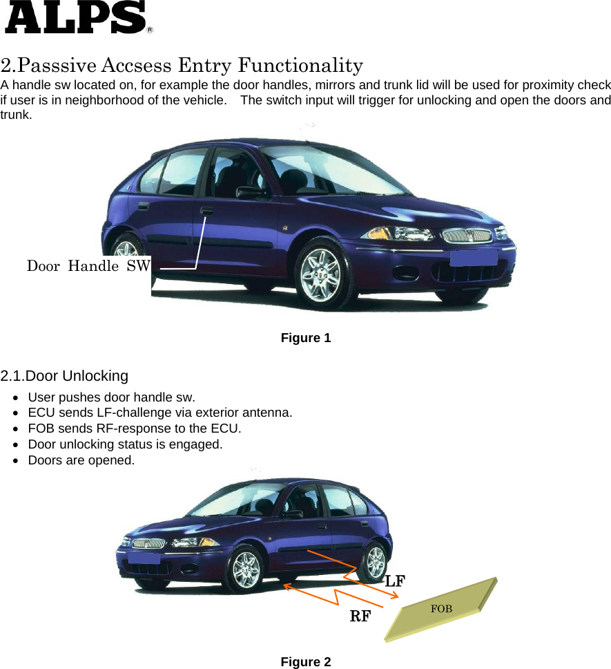   2.Passsive Accsess Entry Functionality A handle sw located on, for example the door handles, mirrors and trunk lid will be used for proximity check if user is in neighborhood of the vehicle.    The switch input will trigger for unlocking and open the doors and trunk.  Figure 1 2.1.Door Unlocking   User pushes door handle sw.   ECU sends LF-challenge via exterior antenna.       FOB sends RF-response to the ECU.       Door unlocking status is engaged.       Doors are opened.         Figure 2 Door Handle SWLFRF FOB