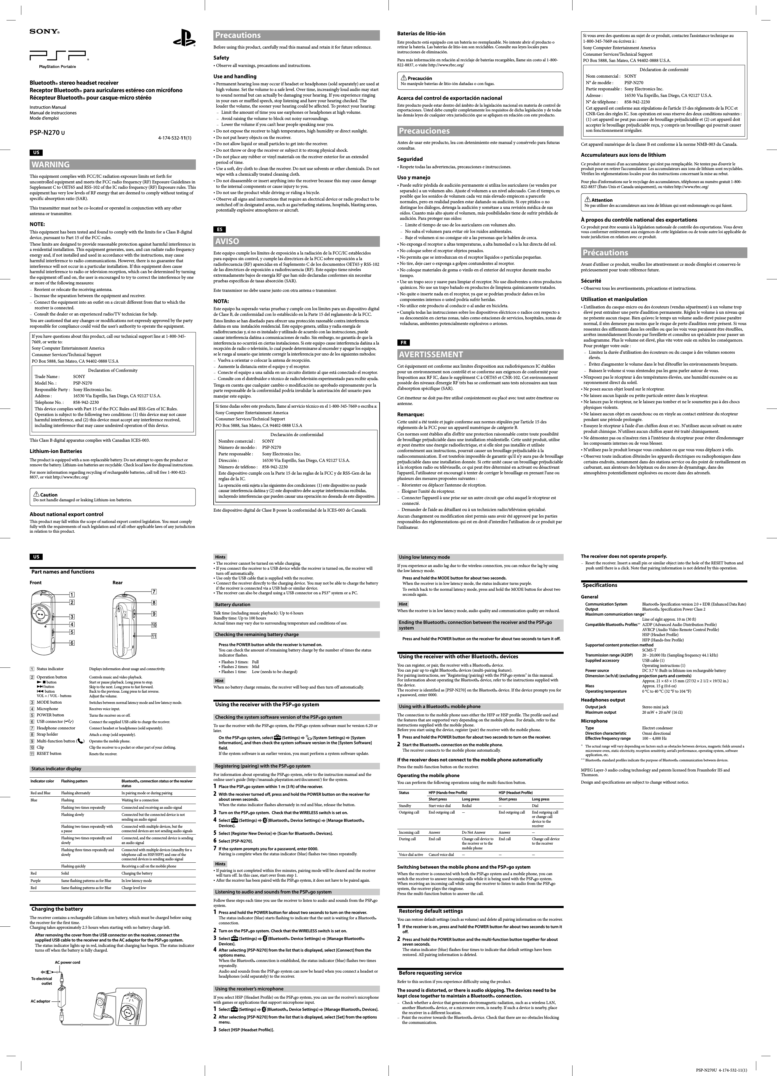 PSP-N270U  4-174-532-11(1) USWARNINGThis equipment complies with FCC/IC radiation exposure limits set forth for uncontrolled equipment and meets the FCC radio frequency (RF) Exposure Guidelines in Supplement C to OET65 and RSS-102 of the IC radio frequency (RF) Exposure rules. This equipment has very low levels of RF energy that are deemed to comply without testing of specific absorption ratio (SAR).This transmitter must not be co-located or operated in conjunction with any other antenna or transmitter.NOTE:This equipment has been tested and found to comply with the limits for a Class B digital device, pursuant to Part 15 of the FCC rules. These limits are designed to provide reasonable protection against harmful interference in a residential installation. This equipment generates, uses, and can radiate radio frequency energy and, if not installed and used in accordance with the instructions, may cause harmful interference to radio communications. However, there is no guarantee that interference will not occur in a particular installation. If this equipment does cause harmful interference to radio or television reception, which can be determined by turning the equipment off and on, the user is encouraged to try to correct the interference by one or more of the following measures:Reorient or relocate the receiving antenna.Increase the separation between the equipment and receiver.Connect the equipment into an outlet on a circuit different from that to which the receiver is connected.Consult the dealer or an experienced radio/TV technician for help.You are cautioned that any changes or modifications not expressly approved by the party responsible for compliance could void the user’s authority to operate the equipment.If you have questions about this product, call our technical support line at 1-800-345-7669, or write to:Sony Computer Entertainment AmericaConsumer Services/Technical SupportPO Box 5888, San Mateo, CA 94402-0888 U.S.ADeclaration of ConformityTrade Name :  SONYModel No. :  PSP-N270 Responsible Party :  Sony Electronics Inc.Address :  16530 Via Esprillo, San Diego, CA 92127 U.S.A.Telephone No. :   858-942-2230This device complies with Part 15 of the FCC Rules and RSS-Gen of IC Rules. Operation is subject to the following two conditions: (1) this device may not cause harmful interference, and (2) this device must accept any interference received, including interference that may cause undesired operation of this device.This Class B digital apparatus complies with Canadian ICES-003.Lithium-ion BatteriesThe product is equipped with a non-replaceable battery. Do not attempt to open the product or remove the battery. Lithium-ion batteries are recyclable. Check local laws for disposal instructions. For more information regarding recycling of rechargeable batteries, call toll free 1-800-822-8837, or visit http://www.rbrc.org/ CautionDo not handle damaged or leaking Lithium-ion batteries.About national export controlThis product may fall within the scope of national export control legislation. You must comply fully with the requirements of such legislation and of all other applicable laws of any jurisdiction in relation to this product.Bluetooth® stereo headset receiverReceptor Bluetooth® para auriculares estéreo con micrófonoRécepteur Bluetooth® pour casque-micro stéréoInstruction ManualManual de instruccionesMode d’emploiPSP-N270 U4-174-532-11(1)  PrecautionsBefore using this product, carefully read this manual and retain it for future reference.SafetyObserve all warnings, precautions and instructions.Use and handlingPermanent hearing loss may occur if headset or headphones (sold separately) are used at high volume. Set the volume to a safe level. Over time, increasingly loud audio may start to sound normal but can actually be damaging your hearing. If you experience ringing in your ears or muffled speech, stop listening and have your hearing checked. The louder the volume, the sooner your hearing could be affected. To protect your hearing:  Limit the amount of time you use earphones or headphones at high volume.  Avoid raising the volume to block out noisy surroundings.  Lower the volume if you can’t hear people speaking near you.Do not expose the receiver to high temperatures, high humidity or direct sunlight.Do not put heavy objects on the receiver.Do not allow liquid or small particles to get into the receiver.Do not throw or drop the receiver or subject it to strong physical shock.Do not place any rubber or vinyl materials on the receiver exterior for an extended period of time.Use a soft, dry cloth to clean the receiver. Do not use solvents or other chemicals. Do not wipe with a chemically treated cleaning cloth.Do not disassemble or insert anything into the receiver because this may cause damage to the internal components or cause injury to you.Do not use the product while driving or riding a bicycle.Observe all signs and instructions that require an electrical device or radio product to be switched off in designated areas, such as gas/refueling stations, hospitals, blasting areas, potentially explosive atmospheres or aircraft.ESAVISOEste equipo cumple los límites de exposición a la radiación de la FCC/IC establecidos para equipos sin control, y cumple las directrices de la FCC sobre exposición a la radiofrecuencia (RF) aparecidas en el Suplemento C de los documentos OET65 y RSS-102 de las directrices de exposición a radiofrecuencia (RF). Este equipo tiene niveles extremadamente bajos de energía RF que han sido declaradas conformes sin necesitar pruebas específicas de tasas absorción (SAR).Este transmisor no debe usarse junto con otra antena o transmisor.NOTA:Este equipo ha superado varias pruebas y cumple con los límites para un dispositivo digital de Clase B, de conformidad con lo establecido en la Parte 15 del reglamento de la FCC.Estos límites se han diseñado para ofrecer una protección razonable contra interferencia dañina en una  instalación residencial. Este equipo genera, utiliza y radia energía de radiofrecuencias y, si no es instalado y utilizado de acuerdo con las instrucciones, puede causar interferencia dañina a comunicaciones de radio. Sin embargo, no garantía de que la interferencia no ocurrirá en ciertas instalaciones. Si este equipo cause interferencia dañina a la recepción de radio o televisión, lo cual puede determinarse al encender y apagar los equipos, se le ruega al usuario que intente corregir la interferencia por uno de los siguientes métodos:Vuelva a orientar o colocar la antena de recepción.Aumente la distancia entre el equipo y el receptor.Conecte el equipo a una salida en un circuito distinto al que está conectado el receptor.Consulte con el distribuidor o técnico de radio/televisión experimentado para recibir ayuda.Tenga en cuenta que cualquier cambio o modificación no aprobado expresamente por la parte responsable de la conformidad podría invalidar la autorización del usuario para manejar este equipo.Si tiene dudas sobre este producto, llame al servicio técnico en el 1-800-345-7669 o escriba a:Sony Computer Entertainment AmericaConsumer Services/Technical SupportPO Box 5888, San Mateo, CA 94402-0888 U.S.ADeclaración de conformidadNombre comercial :  SONYNúmero de modelo :  PSP-N270 Parte responsable :  Sony Electronics Inc.Dirección :  16530 Via Esprillo, San Diego, CA 92127 U.S.A.Número de teléfono :   858-942-2230Este dispositivo cumple con la Parte 15 de las reglas de la FCC y de RSS-Gen de las reglas de la IC.La operación está sujeta a las siguientes dos condiciones: (1) este dispositivo no puede causar interferencia dañina y (2) este dispositivo debe aceptar interferencias recibidas, incluyendo interferencias que pueden causar una operación no deseada de este dispositivo.Este dispositivo digital de Clase B posee la conformidad de la ICES-003 de Canadá.Si vous avez des questions au sujet de ce produit, contactez l’assistance technique au 1-800-345-7669 ou écrivez à :Sony Computer Entertainment AmericaConsumer Services/Technical SupportPO Box 5888, San Mateo, CA 94402-0888 U.S.A.Déclaration de conformitéNom commercial :  SONYN° de modèle :  PSP-N270 Partie responsable :  Sony Electronics Inc.Adresse :  16530 Via Esprillo, San Diego, CA 92127 U.S.A.N° de téléphone :   858-942-2230Cet appareil est conforme aux stipulations de l’article 15 des règlements de la FCC et CNR-Gen des règles IC. Son opération est sous réserve des deux conditions suivantes : (1) cet appareil ne peut pas causer de brouillage préjudiciable et (2) cet appareil doit accepter le brouillage préjudiciable reçu, y compris un brouillage qui pourrait causer son fonctionnement irrégulier.Cet appareil numérique de la classe B est conforme à la norme NMB-003 du Canada.Accumulateurs aux ions de lithiumCe produit est muni d’un accumulateur qui n’est pas remplaçable. Ne tentez pas d’ouvrir le produit pour en retirer l’accumulateur. Les accumulateurs aux ions de lithium sont recyclables. Vérifiez les réglementations locales pour des instructions concernant la mise au rebut.Pour plus d’informations sur le recyclage des accumulateurs, téléphonez au numéro gratuit 1-800-822-8837 (États-Unis et Canada uniquement), ou visitez http://www.rbrc.org/ AttentionNe pas utiliser des accumulateurs aux ions de lithium qui sont endommagés ou qui fuient.À propos du contrôle national des exportationsCe produit peut être soumis à la législation nationale de contrôle des exportations. Vous devez vous conformer entièrement aux exigences de cette législation ou de toute autre loi applicable de toute juridiction en relation avec ce produit.  PrécautionsAvant d’utiliser ce produit, veuillez lire attentivement ce mode d’emploi et conservez-le précieusement pour toute référence future.SécuritéObservez tous les avertissements, précautions et instructions.Utilisation et manipulationL’utilisation du casque-micro ou des écouteurs (vendus séparément) à un volume trop élevé peut entraîner une perte d’audition permanente. Réglez le volume à un niveau qui ne présente aucun risque. Bien qu’avec le temps un volume audio élevé puisse paraître normal, il n’en demeure pas moins que le risque de perte d’audition reste présent. Si vous ressentez des sifflements dans les oreilles ou que les voix vous paraissent être étouffées, arrêtez immédiatement l’écoute par l’oreillette et consultez un spécialiste pour passer un audiogramme. Plus le volume est élevé, plus vite votre ouïe en subira les conséquences. Pour protéger votre ouïe :  Limitez la durée d’utilisation des écouteurs ou du casque à des volumes sonores élevés.  Évitez d’augmenter le volume dans le but d’étouffer les environnements bruyants.  Baissez le volume si vous n’entendez pas les gens parler autour de vous.N’exposez pas le récepteur à des températures élevées, une humidité excessive ou au rayonnement direct du soleil.Ne posez aucun objet lourd sur le récepteur.Ne laissez aucun liquide ou petite particule entrer dans le récepteur.Ne lancez pas le récepteur, ne le laissez pas tomber et ne le soumettez pas à des chocs physiques violents.Ne laissez aucun objet en caoutchouc ou en vinyle au contact extérieur du récepteur pendant une période prolongée.Essuyez le récepteur à l’aide d’un chiffon doux et sec. N’utilisez aucun solvant ou autre produit chimique. N’utilisez aucun chiffon ayant été traité chimiquement.Ne démontez pas ou n’insérez rien à l’intérieur du récepteur pour éviter d’endommager les composants internes ou de vous blesser.N’utilisez pas le produit lorsque vous conduisez ou que vous vous déplacez à vélo.Observez toute indication d’éteindre les appareils électriques ou radiophoniques dans certains endroits, notamment dans des stations service ou des point de ravitaillement en carburant, aux alentours des hôpitaux ou des zones de dynamitage, dans des atmosphères potentiellement explosives ou encore dans des aéronefs.Baterías de litio-iónEste producto está equipado con un batería no reemplazable. No intente abrir el producto o retirar la batería. Las baterías de litio-ion son reciclables. Consulte sus leyes locales para instrucciones de eliminación.Para más información en relación al reciclaje de baterías recargables, llame sin costo al 1-800-822-8837, o visite http://www.rbrc.org/ PrecauciónNo manipule baterías de litio-ión dañadas o con fugas.Acerca del control de exportación nacionalEste producto puede estar dentro del ámbito de la legislación nacional en materia de control de exportaciones. Usted debe cumplir completamente los requisitos de dicha legislación y de todas las demás leyes de cualquier otra jurisdicción que se apliquen en relación con este producto.PrecaucionesAntes de usar este producto, lea con detenimiento este manual y consérvelo para futuras consultas.SeguridadRespete todas las advertencias, precauciones e instrucciones.Uso y manejoPuede sufrir pérdida de audición permanente si utiliza los auriculares (se venden por separado) a un volumen alto. Ajuste el volumen a un nivel adecuado. Con el tiempo, es posible que los sonidos de volumen cada vez más elevado empiecen a parecerle normales, pero en realidad pueden estar dañando su audición. Si oye pitidos o no distingue los diálogos, detenga la audición y sométase a una revisión médica de sus oídos. Cuanto más alto ajuste el volumen, más posibilidades tiene de sufrir pérdida de audición. Para proteger sus oídos:  Limite el tiempo de uso de los auriculares con volumen alto.  No suba el volumen para evitar oír los ruidos ambientales.  Baje el volumen si no consigue oír a las personas que le hablen de cerca.No exponga el receptor a altas temperaturas, a alta humedad o a la luz directa del sol.No coloque sobre el receptor objetos pesados.No permita que se introduzcan en el receptor líquidos o partículas pequeñas.No tire, deje caer o exponga a golpes contundentes al receptor.No coloque materiales de goma o vinilo en el exterior del receptor durante mucho tiempo.Use un trapo seco y suave para limpiar el receptor. No use disolventes u otros productos químicos. No use un trapo bañado en productos de limpieza químicamente tratados.No quite o inserte nada en el receptor, ya que se podrían producir daños en los componentes internos o usted podría sufrir heridas.No utilice este producto al conducir o al andar en bicicleta. Cumpla todas las instrucciones sobre los dispositivos eléctricos o radios con respecto a su desconexión en ciertas zonas, tales como estaciones de servicios, hospitales, zonas de voladuras, ambientes potencialmente explosivos o aviones.FRAVERTISSEMENTCet équipement est conforme aux limites d’exposition aux radiofréquences IC établies pour un environnement non contrôlé et se conforme aux exigences de conformité pour l’exposition aux RF IC, dans le supplément C à OET65 et CNR-102. Cet environnement possède des niveaux d’energie RF très bas se conformant sans tests nécessaires aux taux d’absorption spécifique (SAR).Cet émetteur ne doit pas être utilisé conjointement ou placé avec tout autre émetteur ou antenne.Remarque:Cette unité a été testée et jugée conforme aux normes stipulées par l’article 15 des règlements de la FCC pour un appareil numérique de catégorie B.Ces normes sont établies afin d’offrir une protection raisonnable contre toute possibilité de brouillage préjudiciable dans une installation résidentielle. Cette unité produit, utilise et peut émettre une énergie radioélectrique, et si elle n’est pas installée et utilisée conformément aux instructions, pourrait causer un brouillage préjudiciable à la radiocommunication. Il est toutefois impossible de garantir qu’il n’y aura pas de brouillage préjudiciable dans une installation donnée. Si cette unité cause un brouillage préjudiciable à la réception radio ou télévisuelle, ce qui peut être déterminé en activant ou désactivant l’appareil, l’utilisateur est encouragé à tenter de corriger le brouillage en prenant l’une ou plusieurs des mesures proposées suivantes :Réorienter ou déplacer l’antenne de réception.Éloigner l’unité du récepteur.Connecter l’appareil à une prise sur un autre circuit que celui auquel le récepteur est connecté.Demander de l’aide au détaillant ou à un technicien radio/télévision spécialisé.Aucun changement ou modification n’est permis sans avoir été approuvé par les parties responsables des règlementations qui est en droit d’interdire l’utilisation de ce produit par l’utilisateur.USPart names and functionsFront Rear Status indicatorDisplays information about usage and connectivity. Operation button   button  button  button  VOL + / VOL - buttonsControls music and video playback.Start or pause playback. Long press to stop.Skip to the next. Long press to fast forward.Back to the previous. Long press to fast reverse.Adjust the volume. MODE buttonSwitches between normal latency mode and low latency mode.  MicrophoneReceives voice input. POWER buttonTurns the receiver on or off. USB connector ( )Connect the supplied USB cable to charge the receiver. Headphone connectorConnect headset or headphones (sold separately). Strap holderAttach a strap (sold separately).  Multi-function button ( )Operates the mobile phone.  Clip Clip the receiver to a pocket or other part of your clothing. RESET buttonResets the receiver.Status indicator displayIndicator color Flashing pattern Bluetooth® connection status or the receiver statusRed and Blue Flashing alternately In pairing mode or during pairingBlue Flashing  Waiting for a connectionFlashing two times repeatedly Connected and receiving an audio signalFlashing slowly Connected but the connected device is not sending an audio signalFlashing two times repeatedly with a pauseConnected with multiple devices, but the connected devices are not sending audio signalsFlashing two times repeatedly and slowlyConnected, and the connected device is sending an audio signalFlashing three times repeatedly and slowlyConnected with multiple devices (standby for a telephone call on HSP/HFP) and one of the connected devices is sending audio signalFlashing quickly Receiving a call on the mobile phoneRed Solid Charging the batteryPurple Same flashing patterns as for Blue In low latency modeRed Same flashing patterns as for Blue Charge level lowCharging the batteryThe receiver contains a rechargeable Lithium-ion battery, which must be charged before using the receiver for the first time.Charging takes approximately 2.5 hours when starting with no battery charge left.After removing the cover from the USB connector on the receiver, connect the supplied USB cable to the receiver and to the AC adaptor for the PSP®go system.The status indicator lights up in red, indicating that charging has begun. The status indicator turns off when the battery is fully charged.AC power cordTo electrical outletAC adaptorHintsThe receiver cannot be turned on while charging.If you connect the receiver to a USB device while the receiver is turned on, the receiver will turn off automatically.Use only the USB cable that is supplied with the receiver.Connect the receiver directly to the charging device. You may not be able to charge the battery if the receiver is connected via a USB hub or similar device.The receiver can also be charged using a USB connector on a PS3™ system or a PC.Battery durationTalk time (including music playback): Up to 6 hoursStandby time: Up to 100 hoursActual times may vary due to surrounding temperature and conditions of use.Checking the remaining battery chargePress the POWER button while the receiver is turned on.You can check the amount of remaining battery charge by the number of times the status indicator flashes.Flashes 3 times:  FullFlashes 2 times:  MidFlashes 1 time:  Low (needs to be charged)HintWhen no battery charge remains, the receiver will beep and then turn off automatically.Using the receiver with the PSP®go systemChecking the system software version of the PSP®go systemTo use the receiver with the PSP®go system, the PSP®go system software must be version 6.20 or later. On the PSP®go system, select   (Settings)     (System Settings)   [System Information], and then check the system software version in the [System Software] field.If the system software is an earlier version, you must perform a system software update.Registering (pairing) with the PSP®go systemFor information about operating the PSP®go system, refer to the instruction manual and the online user&apos;s guide (http://manuals.playstation.net/document/) for the system.1  Place the PSP®go system within 1 m (3 ft) of the receiver.2  With the receiver turned off, press and hold the POWER button on the receiver for about seven seconds.When the status indicator flashes alternately in red and blue, release the button.3  Turn on the PSP®go system.  Check that the WIRELESS switch is set on.4  Select   (Settings)    (Bluetooth® Device Settings)   [Manage Bluetooth® Devices].5  Select [Register New Device]   [Scan for Bluetooth® Devices].6  Select [PSP-N270].7  If the system prompts you for a password, enter 0000.Pairing is complete when the status indicator (blue) flashes two times repeatedly.HintsIf pairing is not completed within five minutes, pairing mode will be cleared and the receiver will turn off. In this case, start over from step 1.After the receiver has been paired with the PSP®go system, it does not have to be paired again.Listening to audio and sounds from the PSP®go systemFollow these steps each time you use the receiver to listen to audio and sounds from the PSP®go system.1  Press and hold the POWER button for about two seconds to turn on the receiver.The status indicator (blue) starts flashing to indicate that the unit is waiting for a Bluetooth® connection.2  Turn on the PSP®go system. Check that the WIRELESS switch is set on.3  Select   (Settings)    (Bluetooth® Device Settings)   [Manage Bluetooth® Devices]. 4  After selecting [PSP-N270] from the list that is displayed, select [Connect] from the options menu.When the Bluetooth® connection is established, the status indicator (blue) flashes two times repeatedly. Audio and sounds from the PSP®go system can now be heard when you connect a headset or headphones (sold separately) to the receiver.Using the receiver’s microphoneIf you select HSP (Headset Profile) on the PSP®go system, you can use the receiver’s microphone with games or applications that support microphone input. 1  Select   (Settings)   (Bluetooth® Device Settings)   [Manage Bluetooth® Devices]. 2  After selecting [PSP-N270] from the list that is displayed, select [Set] from the options menu. 3  Select [HSP (Headset Profile)].Using low latency modeIf you experience an audio lag due to the wireless connection, you can reduce the lag by using the low latency mode.Press and hold the MODE button for about two seconds.When the receiver is in low latency mode, the status indicator turns purple.To switch back to the normal latency mode, press and hold the MODE button for about two seconds again.HintWhen the receiver is in low latency mode, audio quality and communication quality are reduced.Ending the Bluetooth® connection between the receiver and the PSP®go systemPress and hold the POWER button on the receiver for about two seconds to turn it off.Using the receiver with other Bluetooth® devicesYou can register, or pair, the receiver with a Bluetooth® device.You can pair up to eight Bluetooth® devices (multi-pairing feature).For pairing instructions, see &quot;Registering (pairing) with the PSP®go system&quot; in this manual.For information about operating the Bluetooth® device, refer to the instructions supplied with the device.The receiver is identified as [PSP-N270] on the Bluetooth® device. If the device prompts you for a password, enter 0000.Using with a Bluetooth® mobile phoneThe connection to the mobile phone uses either the HFP or HSP profile. The profile used and the features that are supported vary depending on the mobile phone. For details, refer to the instructions supplied with the mobile phone.Before you start using the device, register (pair) the receiver with the mobile phone.1  Press and hold the POWER button for about two seconds to turn on the receiver.2  Start the Bluetooth® connection on the mobile phone.The receiver connects to the mobile phone automatically.If the receiver does not connect to the mobile phone automatically Press the multi-function button on the receiver. Operating the mobile phoneYou can perform the following operations using the multi-function button.Status HFP (Hands-free Profile) HSP (Headset Profile)Short press Long press Short press Long pressStandby Start voice dial Redial — DialOutgoing call End outgoing call — End outgoing call End outgoing call or change call device to the receiverIncoming call Answer Do Not Answer Answer —During call End call Change call device to the receiver or to the mobile phoneEnd call Change call device to the receiverVoice dial active Cancel voice dial — — —Switching between the mobile phone and the PSP®go systemWhen the receiver is connected with both the PSP®go system and a mobile phone, you can switch the receiver to answer incoming calls while it is being used with the PSP®go system. When receiving an incoming call while using the receiver to listen to audio from the PSP®go system, the receiver plays the ringtone.Press the multi-function button to answer the call.Restoring default settingsYou can restore default settings (such as volume) and delete all pairing information on the receiver.1  If the receiver is on, press and hold the POWER button for about two seconds to turn it off.2  Press and hold the POWER button and the multi-function button together for about seven seconds.The status indicator (blue) flashes four times to indicate that default settings have been restored. All pairing information is deleted.Before requesting serviceRefer to this section if you experience difficulty using the product.The sound is distorted, or there is audio skipping. The devices need to be kept close together to maintain a Bluetooth® connection. Check whether a device that generates electromagnetic radiation, such as a wireless LAN, another Bluetooth® device, or a microwave oven, is nearby. If such a device is nearby, place the receiver in a different location. Point the receiver towards the Bluetooth® device. Check that there are no obstacles blocking the communication.The receiver does not operate properly.Reset the receiver. Insert a small pin or similar object into the hole of the RESET button and push until there is a click. Note that pairing information is not deleted by this operation.SpecificationsGeneralCommunication System Bluetooth® Specification version 2.0 + EDR (Enhanced Data Rate)Output   Bluetooth® Specification Power Class 2Maximum communication range     Line of sight approx. 10 m (30 ft)Compatible Bluetooth® Profiles A2DP (Advanced Audio Distribution Profile)      AVRCP (Audio Video Remote Control Profile)      HSP (Headset Profile)      HFP (Hands-free Profile)Supported content protection method     SCMS-TTransmission range (A2DP)  20 - 20,000 Hz (Sampling frequency 44.1 kHz)Supplied accessory  USB cable (1)     Operating instructions (1)Power source  DC 3.7 V: Built-in lithium-ion rechargeable batteryDimension (w/h/d) (excluding projection parts and controls)      Approx. 21 × 63 × 15 mm (27/32 × 2 1/2 × 19/32 in.)Mass    Approx. 15 g (0.6 oz)Operating temperature  0 °C to 40 °C (32 °F to 104 °F)Headphones outputOutput jack   Stereo mini jackMaximum output   20 mW + 20 mW (16 Ω)MicrophoneType   Electret condenserDirection characteristic Omni directionalEffective frequency range  100 – 4,000 Hz  The actual range will vary depending on factors such as obstacles between devices, magnetic fields around a microwave oven, static electricity, reception sensitivity, aerial’s performance, operating system, software application, etc.  Bluetooth® standard profiles indicate the purpose of Bluetooth® communication between devices.MPEG Layer-3 audio coding technology and patents licensed from Fraunhofer IIS and Thomson.Design and specifications are subject to change without notice.