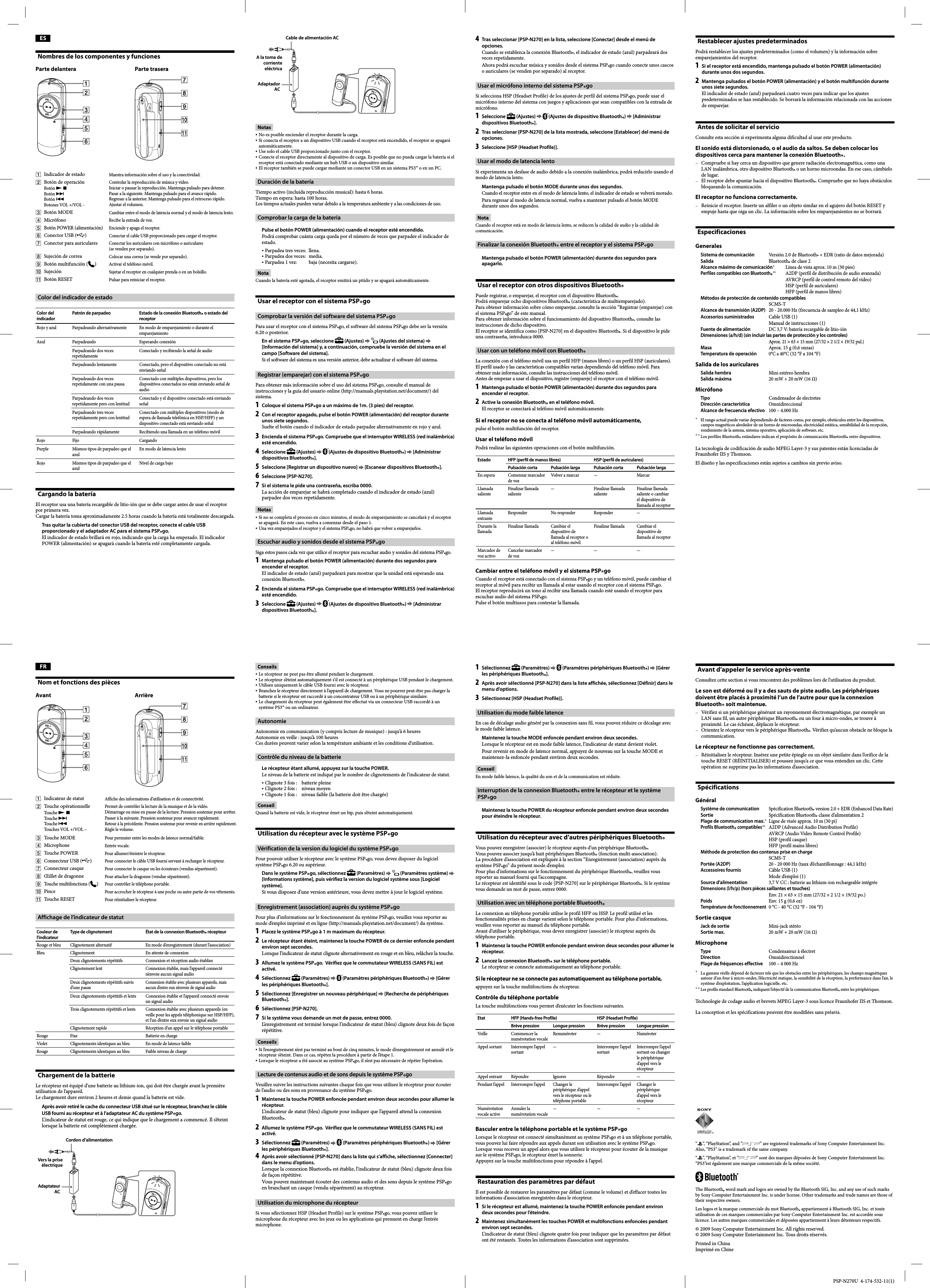 PSP-N270U  4-174-532-11(1) ESNombres de los componentes y funcionesParte delantera Parte trasera  Indicador de estadoMuestra información sobre el uso y la conectividad.  Botón de operación Botón   Botón  Botón   Botones VOL +/VOL -Controlar la reproducción de música y vídeo.Iniciar o pausar la reproducción. Mantenga pulsado para detener.Pasar a la siguiente. Mantenga pulsado para el avance rápido.Regresar a la anterior. Mantenga pulsado para el retroceso rápido.Ajustar el volumen. Botón MODECambiar entre el modo de latencia normal y el modo de latencia lento.  MicrófonoRecibe la entrada de voz. Botón POWER (alimentación) Enciende y apaga el receptor.  Conector USB ( )Conectar el cable USB proporcionado para cargar el receptor.  Conector para auricularesConectar los auriculares con micrófono o auriculares (se venden por separado).  Sujeción de correaColocar una correa (se vende por separado).  Botón multifunción ( )Activar el teléfono móvil. Sujeción Sujetar el receptor en cualquier prenda o en un bolsillo. Botón RESETPulsar para reiniciar el receptor.Color del indicador de estadoColor del indicadorPatrón de parpadeo Estado de la conexión Bluetooth® o estado del receptorRojo y azul Parpadeando alternativamente En modo de emparejamiento o durante el emparejamientoAzul Parpadeando Esperando conexiónParpadeando dos veces repetidamenteConectado y recibiendo la señal de audioParpadeando lentamente Conectado, pero el dispositivo conectado no está enviando señalParpadeando dos veces repetidamente con una pausaConectado con múltiples dispositivos, pero los dispositivos conectados no están enviando señal de audioParpadeando dos veces repetidamente pero con lentitudConectado y el dispositivo conectado está enviando señalParpadeando tres veces repetidamente pero con lentitudConectado con múltiples dispositivos (modo de espera de llamada telefónica en HSP/HFP) y un dispositivo conectado está enviando señalParpadeando rápidamente Recibiendo una llamada en un teléfono móvilRojo Fijo CargandoPurple Mismos tipos de parpadeo que el azulEn modo de latencia lentoRojo Mismos tipos de parpadeo que el azulNivel de carga bajoCargando la bateríaEl receptor usa una batería recargable de litio-ión que se debe cargar antes de usar el receptor por primera vez.Cargar la batería toma aproximadamente 2.5 horas cuando la batería está totalmente descargada.Tras quitar la cubierta del conector USB del receptor, conecte el cable USB proporcionado y el adaptador AC para el sistema PSP®go. El indicador de estado brillará en rojo, indicando que la carga ha empezado. El indicador POWER (alimentación) se apagará cuando la batería esté completamente cargada.Cable de alimentación ACA la toma de corriente eléctricaAdaptador ACNotasNo es posible enciender el receptor durante la carga.Si conecta el receptor a un dispositivo USB cuando el receptor está encendido, el receptor se apagará automáticamente.Use solo el cable USB proporcionado junto con el receptor.Conecte el receptor directamente al dispositivo de carga. Es posible que no pueda cargar la batería si el receptor está conectado mediante un hub USB o un dispositivo similar.El receptor también se puede cargar mediante un conector USB en un sistema PS3™ o en un PC.Duración de la bateríaTiempo activo (incluida reproducción musical): hasta 6 horas.Tiempo en espera: hasta 100 horas.Los tiempos actuales pueden variar debido a la temperatura ambiente y a las condiciones de uso.Comprobar la carga de la bateríaPulse el botón POWER (alimentación) cuando el receptor esté encendido.Podrá comprobar cuánta carga queda por el número de veces que parpadee el indicador de estado.Parpadea tres veces:  llena.Parpadea dos veces:  media.Parpadea 1 vez:    baja (necesita cargarse).NotaCuando la batería esté agotada, el receptor emitirá un pitido y se apagará automáticamente.Usar el receptor con el sistema PSP®goComprobar la versión del software del sistema PSP®goPara usar el receptor con el sistema PSP®go, el software del sistema PSP®go debe ser la versión 6.20 o posterior.En el sistema PSP®go, seleccione   (Ajustes)     (Ajustes del sistema)   [Información del sistema] y, a continuación, compruebe la versión del sistema en el campo [Software del sistema].Si el software del sistema es una versión anterior, debe actualizar el software del sistema.Registrar (emparejar) con el sistema PSP®goPara obtener más información sobre el uso del sistema PSP®go, consulte el manual de instrucciones y la guía del usuario online (http://manuals.playstation.net/document/) del sistema.1  Coloque el sistema PSP®go a un máximo de 1m. (3 pies) del receptor.2  Con el receptor apagado, pulse el botón POWER (alimentación) del receptor durante unos siete segundos.Suelte el botón cuando el indicador de estado parpadee alternativamente en rojo y azul.3  Encienda el sistema PSP®go. Compruebe que el interruptor WIRELESS (red inalámbrica) esté encendido.4  Seleccione   (Ajustes)    (Ajustes de dispositivo Bluetooth®)   [Administrar dispositivos Bluetooth®].5  Seleccione [Registrar un dispositivo nuevo]   [Escanear dispositivos Bluetooth®].6  Seleccione [PSP-N270]. 7  Si el sistema le pide una contraseña, escriba 0000.La acción de emparejar se habrá completado cuando el indicador de estado (azul) parpadee dos veces repetidamente.NotasSi no se completa el proceso en cinco minutos, el modo de emparejamiento se cancelará y el receptor se apagará. En este caso, vuelva a comenzar desde el paso 1.Una vez emparejados el receptor y el sistema PSP®go, no habrá que volver a emparejarlos.Escuchar audio y sonidos desde el sistema PSP®goSiga estos pasos cada vez que utilice el receptor para escuchar audio y sonidos del sistema PSP®go.1  Mantenga pulsado el botón POWER (alimentación) durante dos segundos para encender el receptor.El indicador de estado (azul) parpadeará para mostrar que la unidad está esperando una conexión Bluetooth®.2  Encienda el sistema PSP®go. Compruebe que el interruptor WIRELESS (red inalámbrica) esté encendido. 3  Seleccione   (Ajustes)    (Ajustes de dispositivo Bluetooth®)   [Administrar dispositivos Bluetooth®]. 4  Tras seleccionar [PSP-N270] en la lista, seleccione [Conectar] desde el menú de opciones.Cuando se establezca la conexión Bluetooth®, el indicador de estado (azul) parpadeará dos veces repetidamente.Ahora podrá escuchar música y sonidos desde el sistema PSP®go cuando conecte unos cascos o auriculares (se venden por separado) al receptor.Usar el micrófono interno del sistema PSP®goSi selecciona HSP (Headset Profile) de los ajustes de perfil del sistema PSP®go, puede usar el micrófono interno del sistema con juegos y aplicaciones que sean compatibles con la entrada de micrófono.1  Seleccione   (Ajustes)    (Ajustes de dispositivo Bluetooth®)   [Administrar dispositivos Bluetooth®]. 2  Tras seleccionar [PSP-N270] de la lista mostrada, seleccione [Establecer] del menú de opciones.3  Seleccione [HSP (Headset Profile)].Usar el modo de latencia lentoSi experimenta un desfase de audio debido a la conexión inalámbrica, podrá reducirlo usando el modo de latencia lento.Mantenga pulsado el botón MODE durante unos dos segundos.Cuando el receptor entre en el modo de latencia lento, el indicador de estado se volverá morado.Para regresar al modo de latencia normal, vuelva a mantener pulsado el botón MODE durante unos dos segundos.NotaCuando el receptor está en modo de latencia lento, se reducen la calidad de audio y la calidad de comunicación.Finalizar la conexión Bluetooth® entre el receptor y el sistema PSP®goMantenga pulsado el botón POWER (alimentación) durante dos segundos para apagarlo.Usar el receptor con otros dispositivos Bluetooth®Puede registrar, o emparejar, el receptor con el dispositivo Bluetooth®.Podrá emparejar ocho dispositivos Bluetooth® (característica de multiemparejado).Para obtener información sobre cómo emparejar, consulte la sección “Registrar (emparejar) con el sistema PSP®go” de este manual.Para obtener información sobre el funcionamiento del dispositivo Bluetooth®, consulte las instrucciones de dicho dispositivo.El receptor se identifica como [PSP-N270] en el dispositivo Bluetooth®. Si el dispositivo le pide una contraseña, introduzca 0000.Usar con un teléfono móvil con Bluetooth®La conexión con el teléfono móvil usa un perfil HFP (manos libres) o un perfil HSP (auriculares). El perfil usado y las características compatibles varían dependiendo del teléfono móvil. Para obtener más información, consulte las instrucciones del teléfono móvil.Antes de empezar a usar el dispositivo, registre (empareje) el receptor con el teléfono móvil.1  Mantenga pulsado el botón POWER (alimentación) durante dos segundos para encender el receptor.2  Active la conexión Bluetooth® en el teléfono móvil. El receptor se conectará al teléfono móvil automáticamente.Si el receptor no se conecta al teléfono móvil automáticamente, pulse el botón multifunción del receptor. Usar el teléfono móvilPodrá realizar las siguientes operaciones con el botón multifunción.Estado HFP (perfil de manos libres) HSP (perfil de auriculares)Pulsación corta Pulsación larga Pulsación corta Pulsación largaEn espera Comenzar marcador de vozVolver a marcar — MarcarLlamada salienteFinalizar llamada saliente—Finalizar llamada salienteFinalizar llamada saliente o cambiar el dispositivo de llamada al receptorLlamada entranteResponder No responder Responder —Durante la llamadaFinalizar llamada Cambiar el dispositivo de llamada al receptor o al teléfono móvilFinalizar llamada Cambiar el dispositivo de llamada al receptorMarcador de voz activoCancelar marcador de voz———Cambiar entre el teléfono móvil y el sistema PSP®goCuando el receptor está conectado con el sistema PSP®go y un teléfono móvil, puede cambiar el receptor al móvil para recibir un llamada al estar usando el receptor con el sistema PSP®go.El receptor reproducirá un tono al recibir una llamada cuando esté usando el receptor para escuchar audio del sistema PSP®go.Pulse el botón multiusos para contestar la llamada.Restablecer ajustes predeterminadosPodrá restablecer los ajustes predeterminados (como el volumen) y la información sobre emparejamientos del receptor.1  Si el receptor está encendido, mantenga pulsado el botón POWER (alimentación) durante unos dos segundos.2  Mantenga pulsados el botón POWER (alimentación) y el botón multifunción durante unos siete segundos.El indicador de estado (azul) parpadeará cuatro veces para indicar que los ajustes predeterminados se han restablecido. Se borrará la información relacionada con las acciones de emparejar.Antes de solicitar el servicioConsulte esta sección si experimenta alguna dificultad al usar este producto.El sonido está distorsionado, o el audio da saltos. Se deben colocar los dispositivos cerca para mantener la conexión Bluetooth®. Compruebe si hay cerca un dispositivo que genere radiación electromagnética, como una LAN inalámbrica, otro dispositivo Bluetooth® o un horno microondas. En ese caso, cámbielo de lugar.  El receptor debe apuntar hacia el dispositivo Bluetooth®. Compruebe que no haya obstáculos bloqueando la comunicación.El receptor no funciona correctamente. Reinicie el receptor. Inserte un alfiler o un objeto similar en el agujero del botón RESET y empuje hasta que oiga un clic. La información sobre los emparejamientos no se borrará.EspecificacionesGeneralesSistema de comunicación  Versión 2.0 de Bluetooth® + EDR (ratio de datos mejorada)Salida   Bluetooth® de clase 2Alcance máximo de comunicación  Línea de vista aprox. 10 m (30 pies)Perfiles compatibles con Bluetooth® A2DP (perfil de distribución de audio avanzada)        AVRCP (perfil de control remoto del vídeo)        HSP (perfil de auriculares)        HFP (perfil de manos libres)Métodos de protección de contenido compatibles     SCMS-TAlcance de transmisión (A2DP)  20 - 20.000 Hz (frecuencia de sampleo de 44,1 kHz)Accesorios suministrados Cable USB (1)      Manual de instrucciones (1)Fuente de alimentación  DC 3,7 V: batería recargable de litio-iónDimensiones (a/h/d) (sin incluir las partes de protección y los controles)      Aprox. 21 × 63 × 15 mm (27/32 × 2 1/2 × 19/32 pul.)Masa    Aprox. 15 g (0,6 onzas)Temperatura de operación  0°C a 40°C (32 °F a 104 °F)Salida de los auricularesSalida hembra  Mini estéreo hembraSalida máxima   20 mW + 20 mW (16 Ω)MicrófonoTipo    Condensador de electretesDirección característica OmnidireccionalAlcance de frecuencia efectivo  100 – 4.000 Hz  El rango actual puede variar dependiendo de factores como, por ejemplo, obstáculos entre los dispositivos, campos magnéticos alrededor de un horno de microondas, electricidad estática, sensibilidad de la recepción, rendimiento de la antena, sistema operativo, aplicación de software, etc.  Los perfiles Bluetooth® estándares indican el propósito de comunicación Bluetooth® entre dispositivos.La tecnología de codificación de audio MPEG Layer-3 y sus patentes están licenciadas de Fraunhofer IIS y Thomson.El diseño y las especificaciones están sujetos a cambios sin previo aviso.FRNom et fonctions des piècesAvant Arrière  Indicateur de statutAffiche des informations d’utilisation et de connectivité. Touche opérationnelle Touche   Touche  Touche  Touches VOL +/VOL –Permet de contrôler la lecture de la musique et de la vidéo.Démarrage ou mise en pause de la lecture. Pression soutenue pour arrêter.Passer à la suivante. Pression soutenue pour avancer rapidement.Retour à la précédente. Pression soutenue pour revenir en arrière rapidement.Règle le volume. Touche MODEPour permuter entre les modes de latence normal/faible. MicrophoneEntrée vocale. Touche POWERPour allumer/éteintre le récepteur.  Connecteur USB ( )Pour connecter le câble USB fourni servant à recharger le récepteur. Connecteur casquePour connecter le casque ou les écouteurs (vendus séparément).  Œillet de dragonnePour attacher la dragonne (vendue séparément). Touche multifonctions ( )Pour contrôler le téléphone portable. PincePour accrocher le récepteur à une poche ou autre partie de vos vêtements. Touche RESETPour réinitialiser le récepteur.Affichage de l’indicateur de statutCouleur de l’indicateur Type de clignotement État de la connexion Bluetooth® récepteurRouge et bleu  Clignotement alternatif  En mode d’enregistrement (durant l’association)Bleu Clignotement En attente de connexionDeux clignotements répétitifs Connexion et réception audio établiesClignotement lent Connexion établie, mais l’appareil connecté n’envoie aucun signal audioDeux clignotements répétitifs suivis d’une pauseConnexion établie avec plusieurs appareils, mais aucun d’entre eux n’envoie de signal audioDeux clignotements répétitifs et lents Connexion établie et l’appareil connecté envoie un signal audioTrois clignotements répétitifs et lents Connexion établie avec plusieurs appareils (en veille pour les appels téléphonique sur HSP/HFP), et l’un d’entre eux envoie un signal audioClignotement rapide Réception d’un appel sur le téléphone portableRouge Fixe Batterie en chargeViolet Clignotements identiques au bleu En mode de latence faibleRouge Clignotements identiques au bleu Faible niveau de chargeChargement de la batterieLe récepteur est équipé d’une batterie au lithium-ion, qui doit être chargée avant la première utilisation de l’appareil.Le chargement dure environ 2 heures et demie quand la batterie est vide.Après avoir retiré le cache du connecteur USB situé sur le récepteur, branchez le câble USB fourni au récepteur et à l’adaptateur AC du système PSP®go.L’indicateur de statut est rouge, ce qui indique que le chargement a commencé. Il s’éteint lorsque la batterie est complètement chargée.Cordon d’alimentationVers la prise électriqueAdaptateur ACConseilsLe récepteur ne peut pas être allumé pendant le chargement.Le récepteur s’éteint automatiquement s’il est connecté à un périphérique USB pendant le chargement.Utilisez uniquement le câble USB fourni avec le récepteur.Branchez le récepteur directement à l’appareil de chargement. Vous ne pourrez peut-être pas charger la batterie si le récepteur est raccordé à un concentrateur USB ou à un périphérique similaire.Le chargement du récepteur peut également être effectué via un connecteur USB raccordé à un système PS3™ ou un ordinateur.AutonomieAutonomie en communication (y compris lecture de musique) : jusqu’à 6 heuresAutonomie en veille : jusqu’à 100 heuresCes durées peuvent varier selon la température ambiante et les conditions d’utilisation.Contrôle du niveau de la batterieLe récepteur étant allumé, appuyez sur la touche POWER.Le niveau de la batterie est indiqué par le nombre de clignotements de l’indicateur de statut.Clignote 3 fois :  batterie pleineClignote 2 fois :  niveau moyenClignote 1 fois :  niveau faible (la batterie doit être chargée)ConseilQuand la batterie est vide, le récepteur émet un bip, puis s’éteint automatiquement.Utilisation du récepteur avec le système PSP®goVérification de la version du logiciel du système PSP®goPour pouvoir utiliser le récepteur avec le système PSP®go, vous devez disposer du logiciel système PSP®go 6.20 ou supérieur. Dans le système PSP®go, sélectionnez   (Paramètres)     (Paramètres système)   [Informations système], puis vérifiez la version du logiciel système sous [Logiciel système].Si vous disposez d’une version antérieure, vous devez mettre à jour le logiciel système.Enregistrement (association) auprès du système PSP®goPour plus d’informations sur le fonctionnement du système PSP®go, veuillez vous reporter au mode d’emploi imprimé et en ligne (http://manuals.playstation.net/document/) du système.1  Placez le système PSP®go à 1 m maximum du récepteur.2  Le récepteur étant éteint, maintenez la touche POWER de ce dernier enfoncée pendant environ sept secondes.Lorsque l’indicateur de statut clignote alternativement en rouge et en bleu, relâchez la touche.3  Allumez le système PSP®go.  Vérifiez que le commutateur WIRELESS (SANS FIL) est activé. 4  Sélectionnez   (Paramètres)    (Paramètres périphériques Bluetooth®)   [Gérer les périphériques Bluetooth®].5  Sélectionnez [Enregistrer un nouveau périphérique]   [Recherche de périphériques Bluetooth®].6  Sélectionnez [PSP-N270]. 7  Si le système vous demande un mot de passe, entrez 0000.L’enregistrement est terminé lorsque l’indicateur de statut (bleu) clignote deux fois de façon répétitive.ConseilsSi l’enregistrement n’est pas terminé au bout de cinq minutes, le mode d’enregistrement est annulé et le récepteur s’éteint. Dans ce cas, répétez la procédure à partir de l’étape 1.Lorsque le récepteur a été associé au système PSP®go, il n’est pas nécessaire de répéter l’opération.Lecture de contenus audio et de sons depuis le système PSP®goVeuillez suivre les instructions suivantes chaque fois que vous utilisez le récepteur pour écouter de l’audio ou des sons en provenance du système PSP®go.1  Maintenez la touche POWER enfoncée pendant environ deux secondes pour allumer le récepteur.L’indicateur de statut (bleu) clignote pour indiquer que l’appareil attend la connexion Bluetooth®.2  Allumez le système PSP®go.  Vérifiez que le commutateur WIRELESS (SANS FIL) est activé. 3  Sélectionnez   (Paramètres)    (Paramètres périphériques Bluetooth®)   [Gérer les périphériques Bluetooth®]. 4  Après avoir sélectionné [PSP-N270] dans la liste qui s’affiche, sélectionnez [Connecter] dans le menu d’options.Lorsque la connexion Bluetooth® est établie, l’indicateur de statut (bleu) clignote deux fois de façon répétitive. Vous pouvez maintenant écouter des contenus audio et des sons depuis le système PSP®go en branchant un casque (vendu séparément) au récepteur.Utilisation du microphone du récepteurSi vous sélectionnez HSP (Headset Profile) sur le système PSP®go, vous pouvez utiliser le microphone du récepteur avec les jeux ou les applications qui prennent en charge l’entrée microphone.1  Sélectionnez   (Paramètres)    (Paramètres périphériques Bluetooth®)   [Gérer les périphériques Bluetooth®]. 2  Après avoir sélectionné [PSP-N270] dans la liste affichée, sélectionnez [Définir] dans le menu d’options. 3  Sélectionnez [HSP (Headset Profile)].Utilisation du mode faible latenceEn cas de décalage audio généré par la connexion sans fil, vous pouvez réduire ce décalage avec le mode faible latence.Maintenez la touche MODE enfoncée pendant environ deux secondes.Lorsque le récepteur est en mode faible latence, l’indicateur de statut devient violet.Pour revenir en mode de latence normal, appuyez de nouveau sur la touche MODE et maintenez-la enfoncée pendant environ deux secondes.ConseilEn mode faible latence, la qualité du son et de la communication est réduite.Interruption de la connexion Bluetooth® entre le récepteur et le système PSP®goMaintenez la touche POWER du récepteur enfoncée pendant environ deux secondes pour éteindre le récepteur.Utilisation du récepteur avec d’autres périphériques Bluetooth®Vous pouvez enregistrer (associer) le récepteur auprès d’un périphérique Bluetooth®.Vous pouvez associer jusqu’à huit périphériques Bluetooth® (fonction multi-association).La procédure d’association est expliquée à la section “Enregistrement (association) auprès du système PSP®go” du présent mode d’emploi.Pour plus d’informations sur le fonctionnement du périphérique Bluetooth®, veuillez vous reporter au manuel fourni qui l’accompagne.Le récepteur est identifié sous le code [PSP-N270] sur le périphérique Bluetooth®. Si le système vous demande un mot de passe, entrez 0000.Utilisation avec un téléphone portable Bluetooth® La connexion au téléphone portable utilise le profil HFP ou HSP. Le profil utilisé et les fonctionnalités prises en charge varient selon le téléphone portable. Pour plus d’informations, veuillez vous reporter au manuel du téléphone portable.Avant d’utiliser le périphérique, vous devez enregistrer (associer) le récepteur auprès du téléphone portable.1  Maintenez la touche POWER enfoncée pendant environ deux secondes pour allumer le récepteur.2  Lancez la connexion Bluetooth® sur le téléphone portable.Le récepteur se connecte automatiquement au téléphone portable.Si le récepteur ne se connecte pas automatiquement au téléphone portable,  appuyez sur la touche multifonctions du récepteur. Contrôle du téléphone portableLa touche multifonctions vous permet d’exécuter les fonctions suivantes.Etat HFP (Hands-free Profile) HSP (Headset Profile)Brève pression Longue pression Brève pression Longue pressionVeille Commencer la numérotation vocaleRenuméroter — NuméroterAppel sortant Interrompre l’appel sortant— Interrompre l’appel sortantInterrompre l’appel sortant ou changer le périphérique d’appel vers le récepteurAppel entrant Répondre Ignorer Répondre —Pendant l’appel Interrompre l’appel Changer le périphérique d’appel vers le récepteur ou le téléphone portableInterrompre l’appel Changer le périphérique d’appel vers le récepteurNumérotation vocale activeAnnuler la numérotation vocale———Basculer entre le téléphone portable et le système PSP®goLorsque le récepteur est connecté simultanément au système PSP®go et à un téléphone portable, vous pouvez lui faire répondre aux appels durant son utilisation avec le système PSP®go.Lorsque vous recevez un appel alors que vous utilisez le récepteur pour écouter de la musique sur le système PSP®go, le récepteur émet la sonnerie.Appuyez sur la touche multifonctions pour répondre à l’appel.Restauration des paramètres par défautIl est possible de restaurer les paramètres par défaut (comme le volume) et d’effacer toutes les informations d’association enregistrées dans le récepteur.1  Si le récepteur est allumé, maintenez la touche POWER enfoncée pendant environ deux secondes pour l’éteindre.2  Maintenez simultanément les touches POWER et multifonctions enfoncées pendant environ sept secondes.L’indicateur de statut (bleu) clignote quatre fois pour indiquer que les paramètres par défaut ont été restaurés. Toutes les informations d’association sont supprimées.Avant d’appeler le service après-venteConsultez cette section si vous rencontrez des problèmes lors de l’utilisation du produit.Le son est déformé ou il y a des sauts de piste audio. Les périphériques doivent être placés à proximité l’un de l’autre pour que la connexion Bluetooth® soit maintenue. Vérifiez si un périphérique générant un rayonnement électromagnétique, par exemple un LAN sans fil, un autre périphérique Bluetooth® ou un four à micro-ondes, se trouve à proximité. Le cas échéant, déplacez le récepteur.  Orientez le récepteur vers le périphérique Bluetooth®. Vérifiez qu’aucun obstacle ne bloque la communication.Le récepteur ne fonctionne pas correctement. Réinitialisez le récepteur. Insérez une petite épingle ou un objet similaire dans l’orifice de la touche RESET (RÉINITIALISER) et poussez jusqu’a ce que vous entendiez un clic. Cette opération ne supprime pas les informations d’association.SpécificationsGénéralSystème de communication Spécification Bluetooth® version 2.0 + EDR (Enhanced Data Rate)Sortie   Spécification Bluetooth® classe d’alimentation 2Plage de communication max.  Ligne de visée approx. 10 m (30 pi)Profils Bluetooth® compatibles A2DP (Advanced Audio Distribution Profile)      AVRCP (Audio Video Remote Control Profile)      HSP (profil casque)      HFP (profil mains libres)Méthode de protection des contenus prise en charge     SCMS-TPortée (A2DP)  20 - 20 000 Hz (taux d’échantillonnage : 44,1 kHz)Accessoires fournis Câble USB (1)      Mode d’emploi (1)Source d’alimentation  3,7 V CC : batterie au lithium-ion rechargeable intégréeDimensions (l/h/p) (hors pièces saillantes et touches)    Env. 21 × 63 × 15 mm (27/32 × 2 1/2 × 19/32 po.)Poids    Env. 15 g (0,6 oz)Température de fonctionnement 0 °C - 40 °C (32 °F - 104 °F)Sortie casqueJack de sortie Mini-jack stéréoSortie max.    20 mW + 20 mW (16 Ω)MicrophoneType   Condensateur à électretDirection   OmnidirectionnelPlage de fréquences effective  100 – 4 000 Hz  La gamme réelle dépend de facteurs tels que les obstacles entre les périphériques, les champs magnétiques autour d’un four à micro-ondes, l’électricité statique, la sensibilité de la réception, la performance dans l’air, le système d’exploitation, l’application logicielle, etc.   Les profils standard Bluetooth® indiquent l’objectif de la communication Bluetooth® entre les périphériques.Technologie de codage audio et brevets MPEG Layer-3 sous licence Fraunhofer IIS et Thomson.La conception et les spécifications peuvent être modifiées sans préavis.“”, “PlayStation”, and “ ” are registered trademarks of Sony Computer Entertainment Inc. Also, “PS3” is a trademark of the same company.“”, “PlayStation”, et “ ” sont des marques déposées de Sony Computer Entertainment Inc. “PS3”est également une marque commerciale de la même société.The Bluetooth® word mark and logos are owned by the Bluetooth SIG, Inc. and any use of such marks by Sony Computer Entertainment Inc. is under license. Other trademarks and trade names are those of their respective owners.Les logos et la marque commerciale du mot Bluetooth® appartiennent à Bluetooth SIG, Inc. et toute utilisation de ces marques commerciales par Sony Computer Entertainment Inc. est accordée sous licence. Les autres marques commerciales et déposées appartiennent à leurs détenteurs respectifs.© 2009 Sony Computer Entertainment Inc. All rights reserved. © 2009 Sony Computer Entertainment Inc. Tous droits réservés. Printed in ChinaImprimé en Chine
