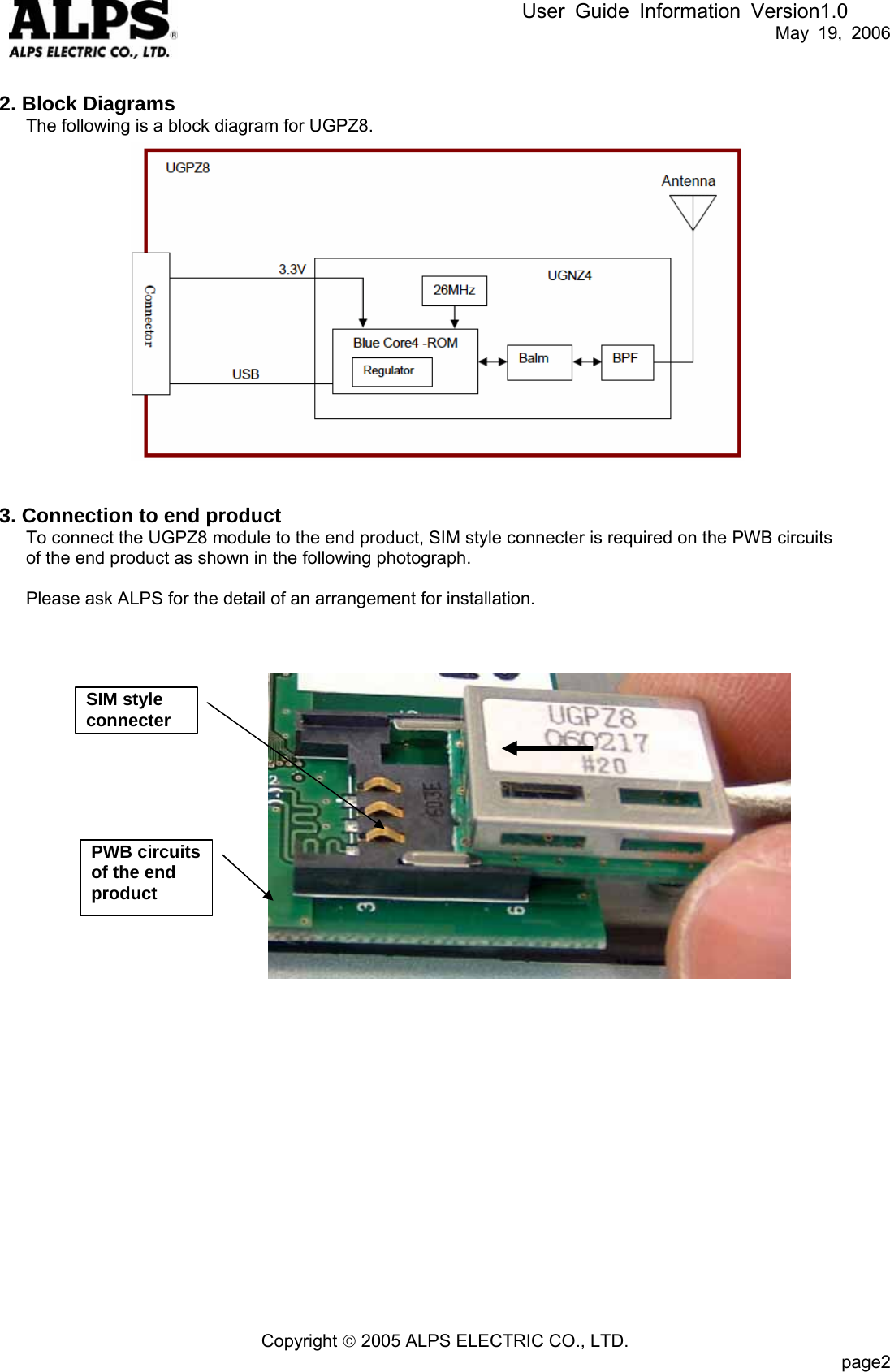 User Guide Information Version1.0   May 19, 2006  2. Block Diagrams       The following is a block diagram for UGPZ8.                   3. Connection to end product       To connect the UGPZ8 module to the end product, SIM style connecter is required on the PWB circuits       of the end product as shown in the following photograph.  Please ask ALPS for the detail of an arrangement for installation.     PWB circuits of the end product SIM style connecter                    Copyright © 2005 ALPS ELECTRIC CO., LTD.                           page2  