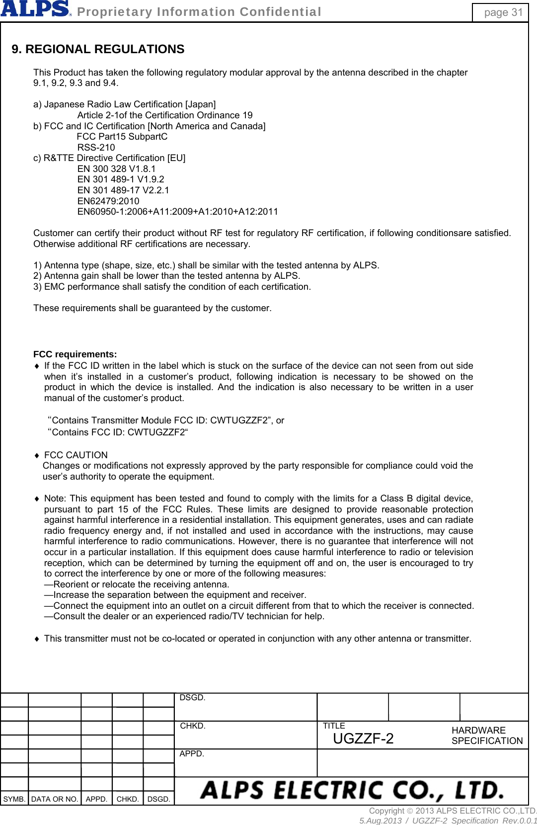  DSGD.  CHKD.  APPD. TITLE HARDWARESPECIFICATIONSYMB.  DATA OR NO.  APPD.  CHKD. DSGD.  Proprietary Information Confidential page 31 Copyright  2013 ALPS ELECTRIC CO.,LTD. 5.Aug.2013 / UGZZF-2 Specification Rev.0.0.1 UGZZF-2  9. REGIONAL REGULATIONS  This Product has taken the following regulatory modular approval by the antenna described in the chapter 9.1, 9.2, 9.3 and 9.4.    a) Japanese Radio Law Certification [Japan] Article 2-1of the Certification Ordinance 19 b) FCC and IC Certification [North America and Canada] FCC Part15 SubpartC   RSS-210  c) R&amp;TTE Directive Certification [EU] EN 300 328 V1.8.1 EN 301 489-1 V1.9.2 EN 301 489-17 V2.2.1 EN62479:2010 EN60950-1:2006+A11:2009+A1:2010+A12:2011  Customer can certify their product without RF test for regulatory RF certification, if following conditionsare satisfied. Otherwise additional RF certifications are necessary.  1) Antenna type (shape, size, etc.) shall be similar with the tested antenna by ALPS. 2) Antenna gain shall be lower than the tested antenna by ALPS.     3) EMC performance shall satisfy the condition of each certification.  These requirements shall be guaranteed by the customer.    FCC requirements:  If the FCC ID written in the label which is stuck on the surface of the device can not seen from out side when it’s installed in a customer’s product, following indication is necessary to be showed on the product in which the device is installed. And the indication is also necessary to be written in a user manual of the customer’s product.  “Contains Transmitter Module FCC ID: CWTUGZZF2”, or “Contains FCC ID: CWTUGZZF2“   FCC CAUTION Changes or modifications not expressly approved by the party responsible for compliance could void the user’s authority to operate the equipment.   Note: This equipment has been tested and found to comply with the limits for a Class B digital device, pursuant to part 15 of the FCC Rules. These limits are designed to provide reasonable protection against harmful interference in a residential installation. This equipment generates, uses and can radiate radio frequency energy and, if not installed and used in accordance with the instructions, may cause harmful interference to radio communications. However, there is no guarantee that interference will not occur in a particular installation. If this equipment does cause harmful interference to radio or television reception, which can be determined by turning the equipment off and on, the user is encouraged to try to correct the interference by one or more of the following measures: —Reorient or relocate the receiving antenna. —Increase the separation between the equipment and receiver. —Connect the equipment into an outlet on a circuit different from that to which the receiver is connected. —Consult the dealer or an experienced radio/TV technician for help.    This transmitter must not be co-located or operated in conjunction with any other antenna or transmitter.  