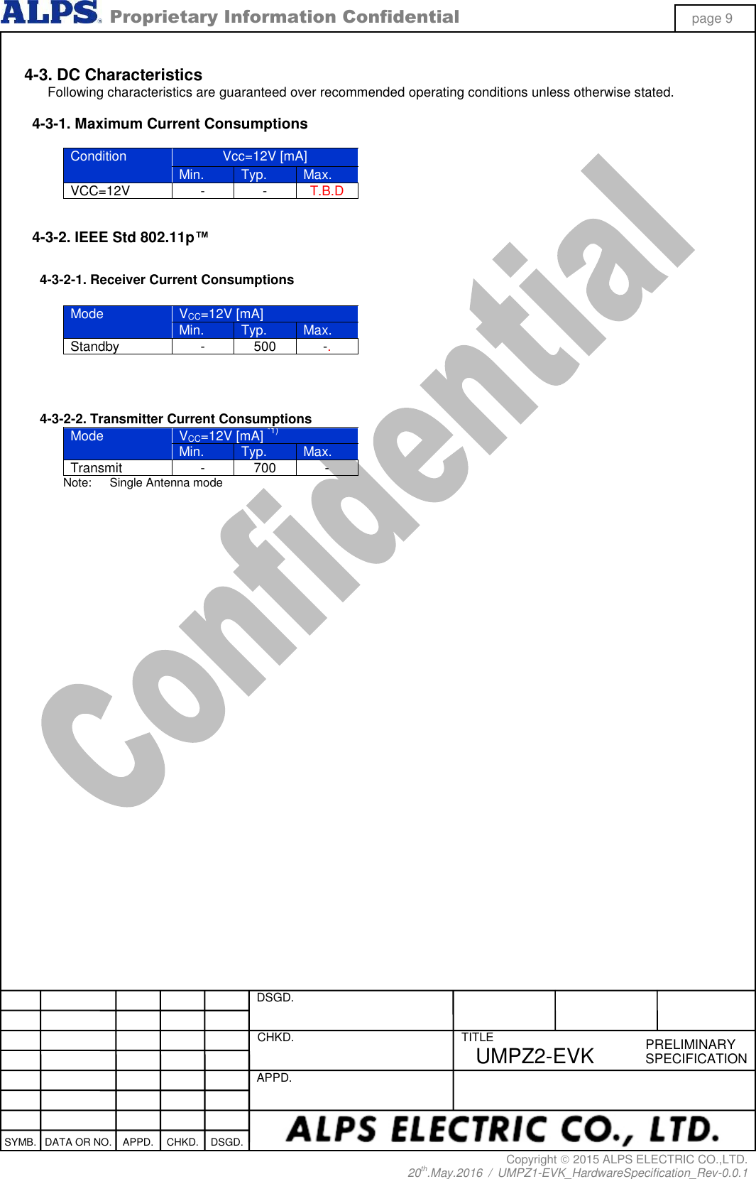  Proprietary Information Confidential page 9 Copyright  2015 ALPS ELECTRIC CO.,LTD. 20th.May.2016  /  UMPZ1-EVK_HardwareSpecification_Rev-0.0.1   DSGD.  CHKD.   APPD.  TITLE PRELIMINARY SPECIFICATION SYMB. DATA OR NO. APPD. CHKD. DSGD. UMPZ2-EVK  4-3. DC Characteristics Following characteristics are guaranteed over recommended operating conditions unless otherwise stated.  4-3-1. Maximum Current Consumptions  Condition Vcc=12V [mA] Min. Typ. Max. VCC=12V - - T.B.D   4-3-2. IEEE Std 802.11p™  4-3-2-1. Receiver Current Consumptions  Mode VCC=12V [mA]   Min. Typ. Max. Standby   - 500 -.    4-3-2-2. Transmitter Current Consumptions Mode VCC=12V [mA] *1) Min. Typ. Max. Transmit - 700 - Note:  Single Antenna mode   