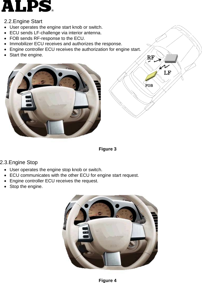   2.2.Engine Start   User operates the engine start knob or switch.   ECU sends LF-challenge via interior antenna.   FOB sends RF-response to the ECU.   Immobilizer ECU receives and authorizes the response.   Engine controller ECU receives the authorization for engine start.   Start the engine.   Figure 3 2.3.Engine Stop   User operates the engine stop knob or switch.   ECU communicates with the other ECU for engine start request.   Engine controller ECU receives the request.   Stop the engine.   Figure 4  LF RFFOB 