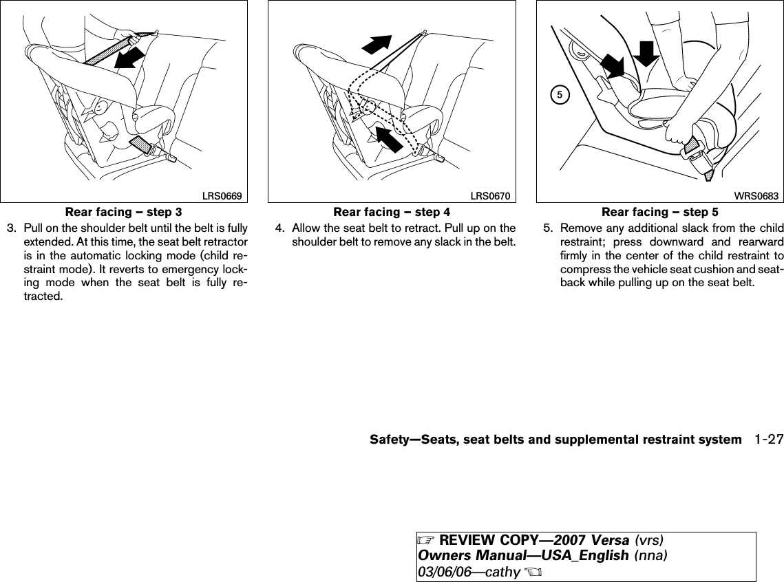3. Pull on the shoulder belt until the belt is fullyextended. At this time, the seat belt retractoris in the automatic locking mode (child re-straint mode). It reverts to emergency lock-ing mode when the seat belt is fully re-tracted.4. Allow the seat belt to retract. Pull up on theshoulder belt to remove any slack in the belt.5. Remove any additional slack from the childrestraint; press downward and rearwardfirmly in the center of the child restraint tocompress the vehicle seat cushion and seat-back while pulling up on the seat belt.Rear facing – step 3LRS0669Rear facing – step 4LRS0670Rear facing – step 5WRS0683Safety—Seats, seat belts and supplemental restraint system 1-27੬REVIEW COPY—2007 Versa (vrs)Owners Manual—USA_English (nna)03/06/06—cathy੭