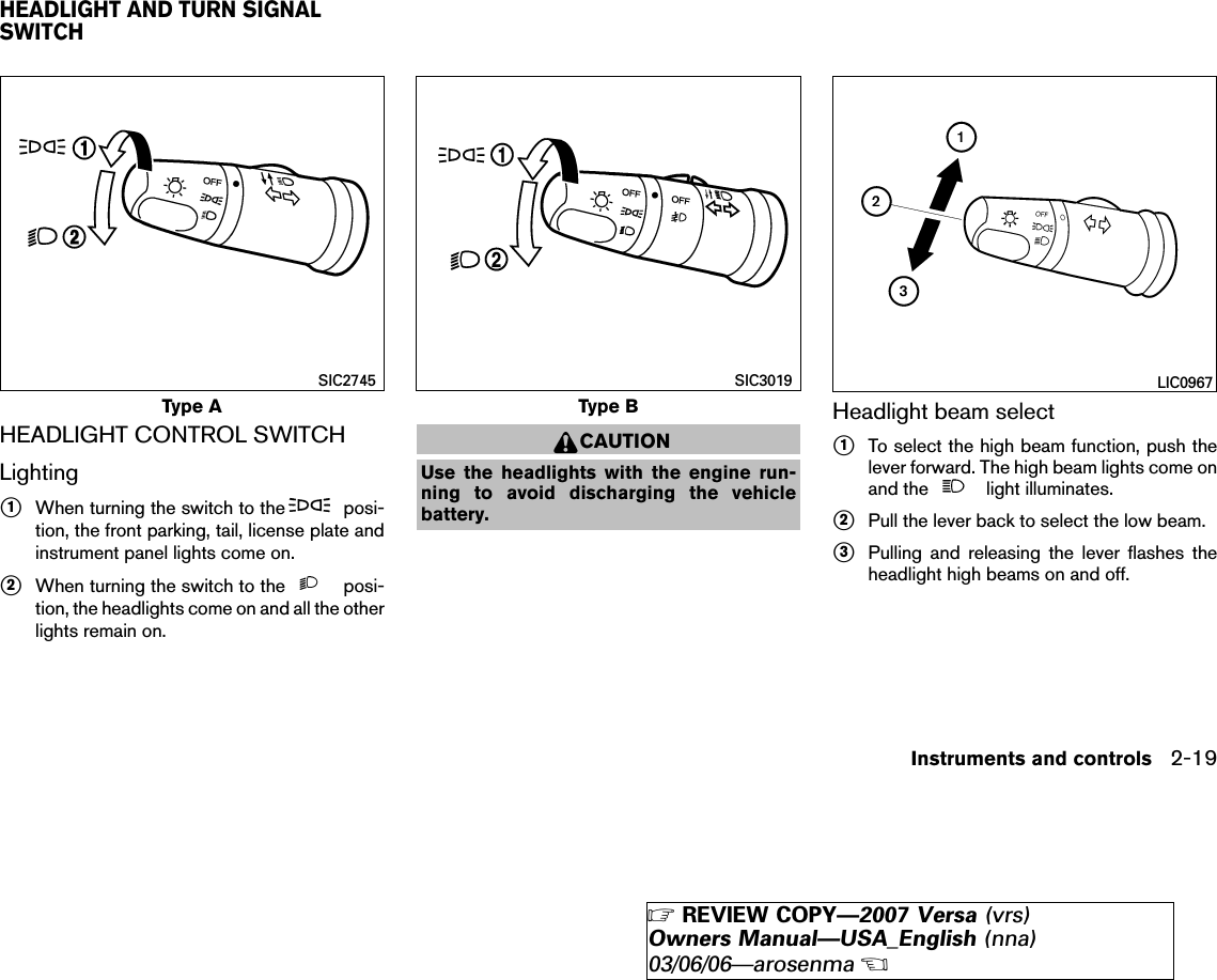 HEADLIGHT CONTROL SWITCHLighting᭺1When turning the switch to the posi-tion, the front parking, tail, license plate andinstrument panel lights come on.᭺2When turning the switch to the posi-tion, the headlights come on and all the otherlights remain on.CAUTIONUse the headlights with the engine run-ning to avoid discharging the vehiclebattery.Headlight beam select᭺1To select the high beam function, push thelever forward. The high beam lights come onand the light illuminates.᭺2Pull the lever back to select the low beam.᭺3Pulling and releasing the lever flashes theheadlight high beams on and off.Type ASIC2745Type BSIC3019 LIC0967HEADLIGHT AND TURN SIGNALSWITCHInstruments and controls 2-19੬REVIEW COPY—2007 Versa (vrs)Owners Manual—USA_English (nna)03/06/06—arosenma੭