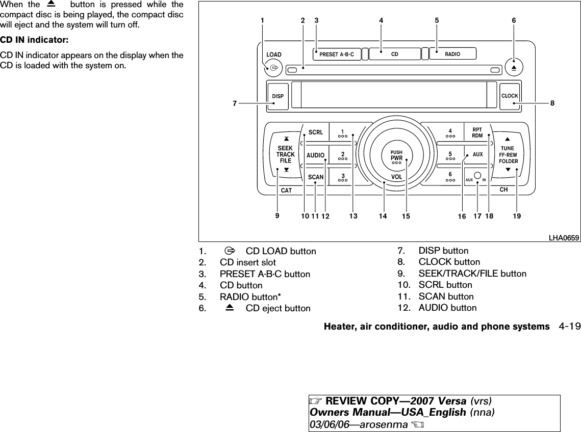 When the button is pressed while thecompact disc is being played, the compact discwill eject and the system will turn off.CD IN indicator:CD IN indicator appears on the display when theCD is loaded with the system on.1. CD LOAD button2. CD insert slot3. PRESET A·B·C button4. CD button5. RADIO button*6. CD eject button7. DISP button8. CLOCK button9. SEEK/TRACK/FILE button10. SCRL button11. SCAN button12. AUDIO buttonLHA0659Heater, air conditioner, audio and phone systems 4-19੬REVIEW COPY—2007 Versa (vrs)Owners Manual—USA_English (nna)03/06/06—arosenma੭