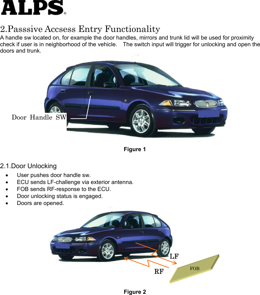   2.Passsive Accsess Entry Functionality A handle sw located on, for example the door handles, mirrors and trunk lid will be used for proximity check if user is in neighborhood of the vehicle.    The switch input will trigger for unlocking and open the doors and trunk.  Door Handle SWFigure 1 2.1.Door Unlocking User pushes door handle sw. • • • • • ECU sends LF-challenge via exterior antenna.     FOB sends RF-response to the ECU.     Door unlocking status is engaged.     Doors are opened.    RF LF FOB    Figure 2  