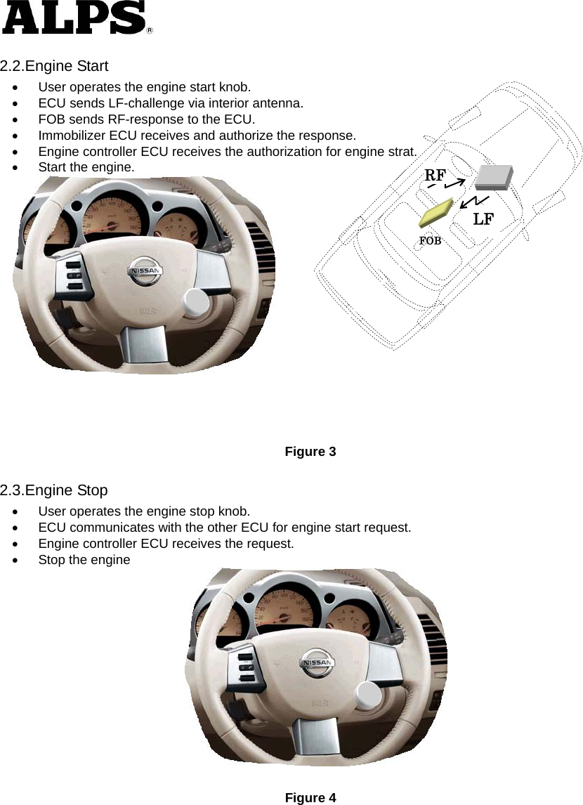   2.2.Engine Start  User operates the engine start knob.       ECU sends LF-challenge via interior antenna.       FOB sends RF-response to the ECU.       Immobilizer ECU receives and authorize the response.       Engine controller ECU receives the authorization for engine strat.       Start the engine.          Figure 3 2.3.Engine Stop  User operates the engine stop knob.       ECU communicates with the other ECU for engine start request.       Engine controller ECU receives the request.       Stop the engine   Figure 4    LF RFFOB 