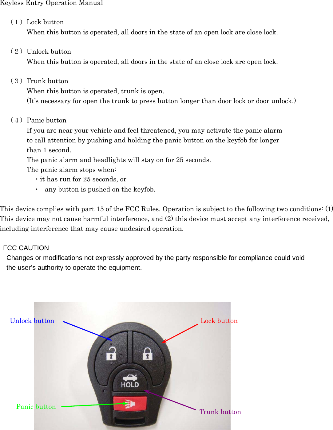 Keyless Entry Operation Manual   （１）Lock button     When this button is operated, all doors in the state of an open lock are close lock.    （２）Unlock button     When this button is operated, all doors in the state of an close lock are open lock.      （３）Trunk button     When this button is operated, trunk is open.                 (It’s necessary for open the trunk to press button longer than door lock or door unlock.)    （４）Panic button     If you are near your vehicle and feel threatened, you may activate the panic alarm         to call attention by pushing and holding the panic button on the keyfob for longer         than 1 second.                 The panic alarm and headlights will stay on for 25 seconds.     The panic alarm stops when:      ・it has run for 25 seconds, or   ・  any button is pushed on the keyfob.  This device complies with part 15 of the FCC Rules. Operation is subject to the following two conditions: (1) This device may not cause harmful interference, and (2) this device must accept any interference received, including interference that may cause undesired operation.  FCC CAUTION Changes or modifications not expressly approved by the party responsible for compliance could void   the user’s authority to operate the equipment.                  Unlock button  Lock buttonPanic button  Trunk button 