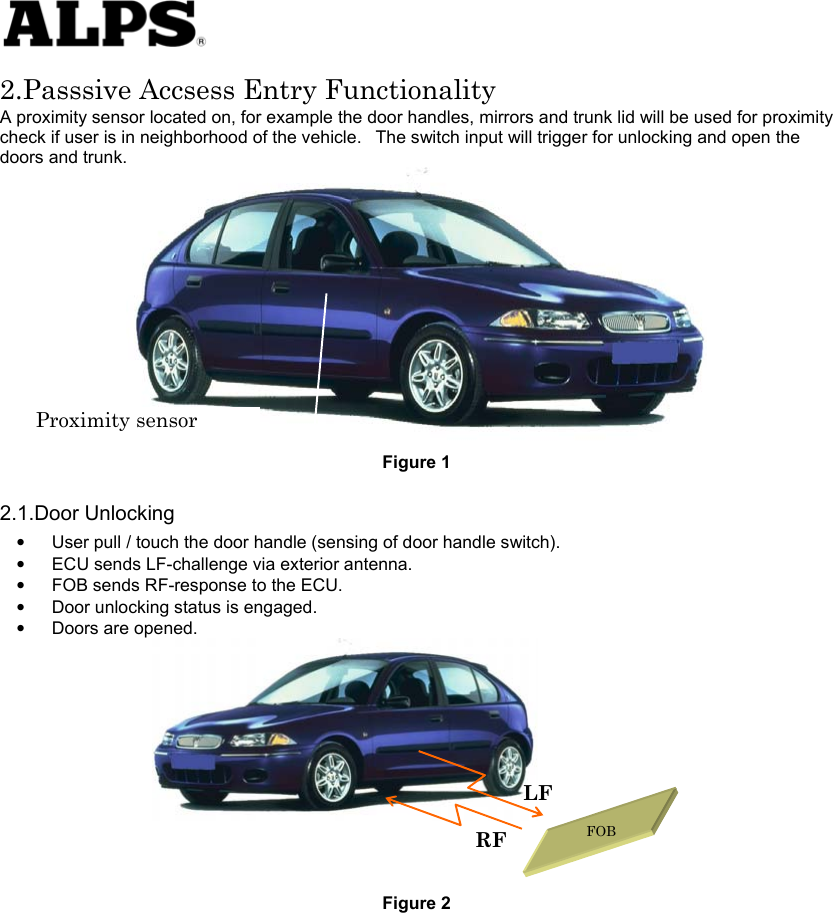   2.Passsive Accsess Entry Functionality A proximity sensor located on, for example the door handles, mirrors and trunk lid will be used for proximity check if user is in neighborhood of the vehicle.    The switch input will trigger for unlocking and open the doors and trunk.  Figure 1 2.1.Door Unlocking •  User pull / touch the door handle (sensing of door handle switch).    •  ECU sends LF-challenge via exterior antenna.    •  FOB sends RF-response to the ECU.     •  Door unlocking status is engaged.   • Doors are opened.       Figure 2  Proximity sensor  LFRF FOB