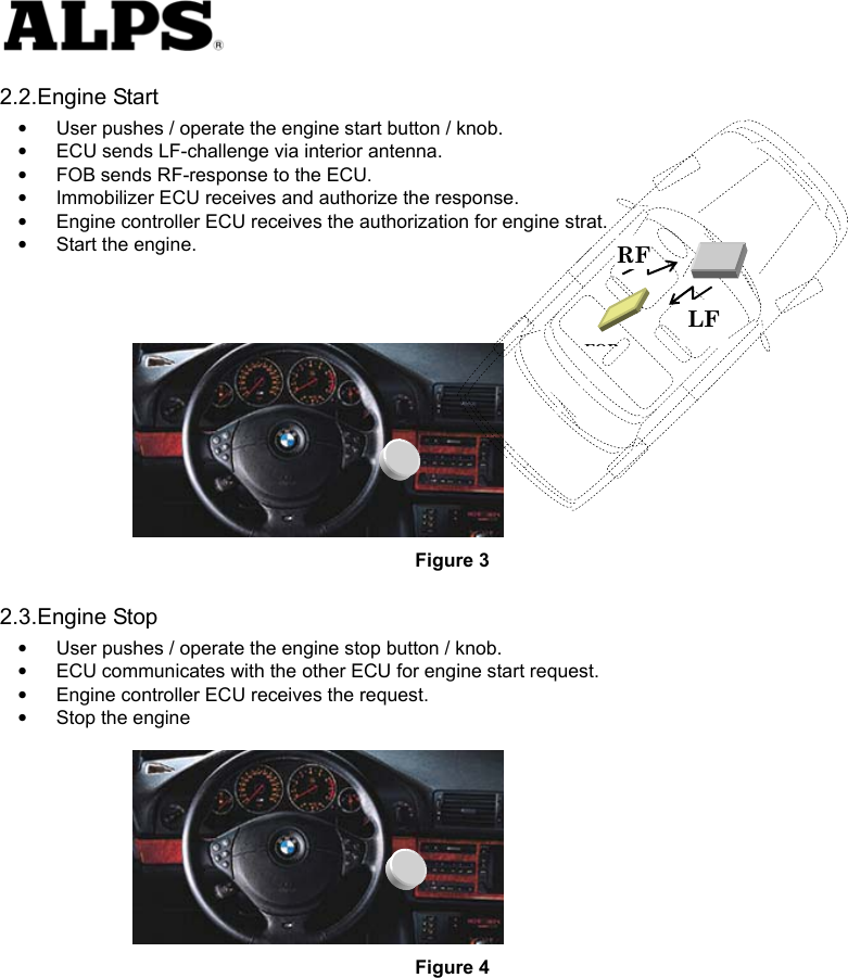   2.2.Engine Start •  User pushes / operate the engine start button / knob.     •  ECU sends LF-challenge via interior antenna.   •  FOB sends RF-response to the ECU.     •  Immobilizer ECU receives and authorize the response.     •  Engine controller ECU receives the authorization for engine strat.    •  Start the engine.        Figure 3 2.3.Engine Stop •  User pushes / operate the engine stop button / knob.    •  ECU communicates with the other ECU for engine start request.     •  Engine controller ECU receives the request.     •  Stop the engine   Figure 4    LFRFFOB