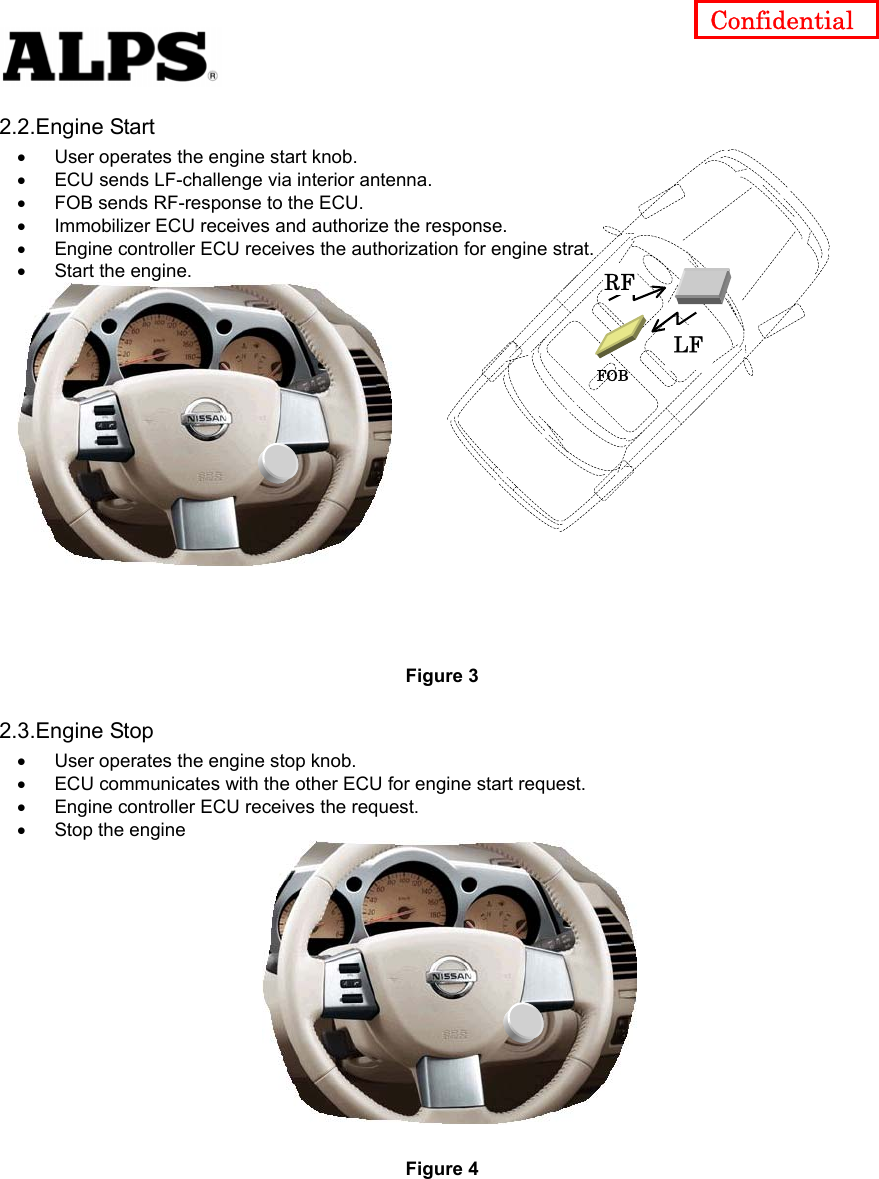   Confidential 2.2.Engine Start User operates the engine start knob.     • • • • • • ECU sends LF-challenge via interior antenna.     FOB sends RF-response to the ECU.     Immobilizer ECU receives and authorize the response.     Engine controller ECU receives the authorization for engine strat.     FOB RFLF Start the engine.          Figure 3 2.3.Engine Stop User operates the engine stop knob.     • • • • ECU communicates with the other ECU for engine start request.     Engine controller ECU receives the request.     Stop the engine   Figure 4    