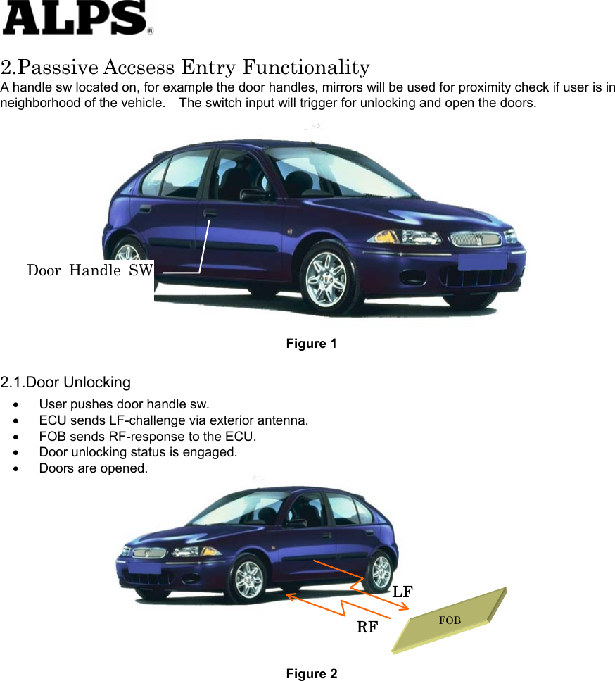   2.Passsive Accsess Entry Functionality A handle sw located on, for example the door handles, mirrors will be used for proximity check if user is in neighborhood of the vehicle.    The switch input will trigger for unlocking and open the doors.   Door Handle SWFigure 1 2.1.Door Unlocking User pushes door handle sw. • • • • • ECU sends LF-challenge via exterior antenna.     FOB sends RF-response to the ECU.     Door unlocking status is engaged.     Doors are opened.    RF LF FOB    Figure 2  