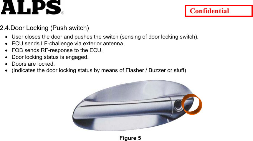   Confidential 2.4.Door Locking (Push switch) User closes the door and pushes the switch (sensing of door locking switch).     • • • • • • ECU sends LF-challenge via exterior antenna.     FOB sends RF-response to the ECU.     Door locking status is engaged.     Doors are locked.     (Indicates the door locking status by means of Flasher / Buzzer or stuff)   Figure 5 