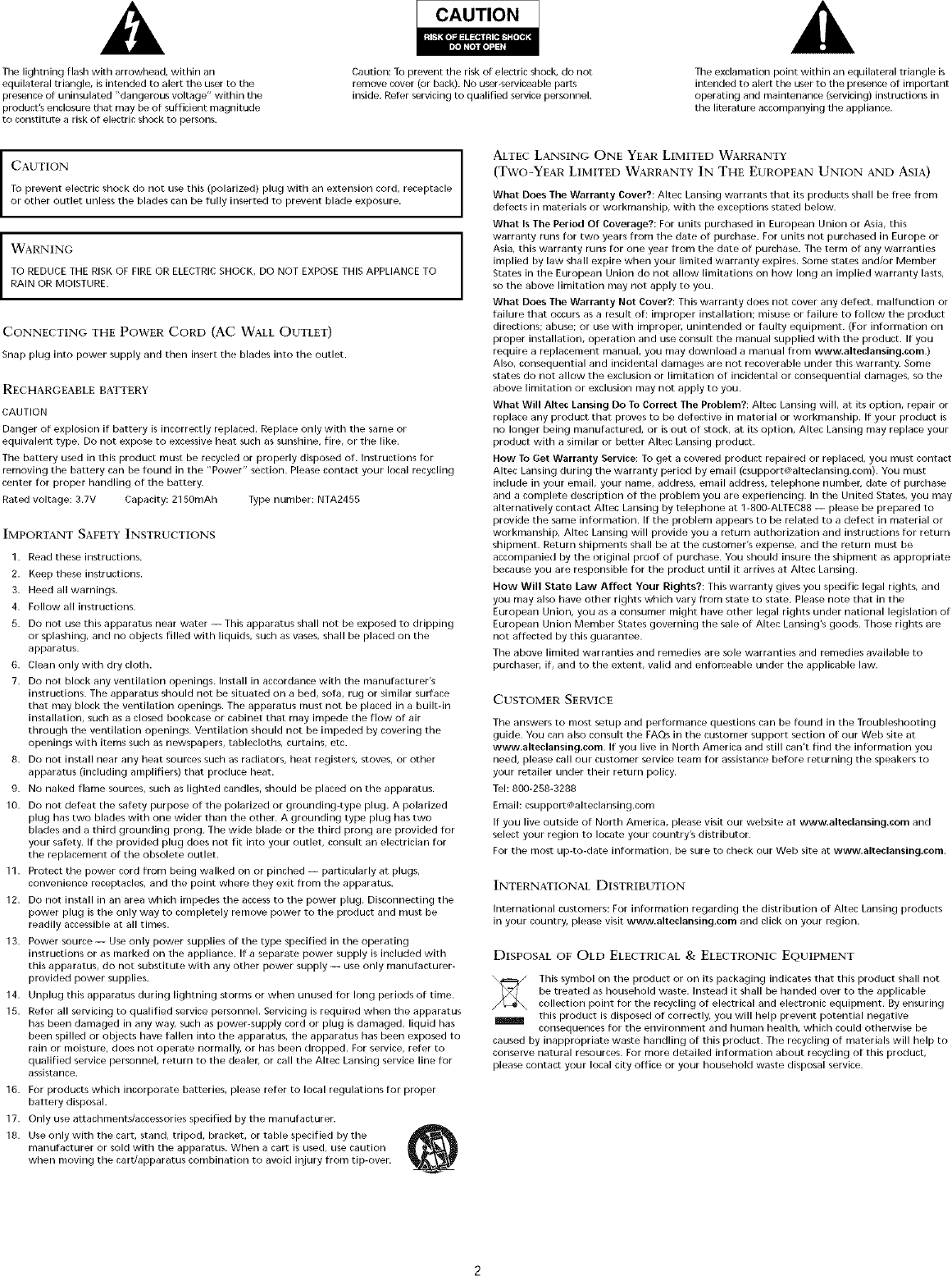 Page 2 of 8 - ALTEC LANSING Speakers Manual L0806638