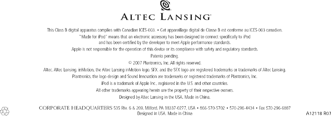 Page 8 of 8 - ALTEC LANSING Speakers Manual L0806638