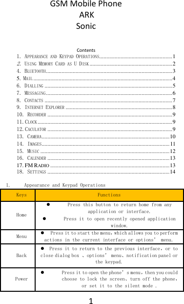  1 GSM Mobile Phone ARK Sonic  Contents 1. APPEARANCE AND KEYPAD OPERATIONS .................................................... 1 2. USING MEMORY CARD AS U DISK ........................................................... 2 4. BLUETOOTH .......................................................................................... 3 5. MAIL ................................................................................................... 4 6. DIALLING ........................................................................................... 5 7. MESSAGING .......................................................................................... 6 8. CONTACTS ........................................................................................... 7 9. INTERNET EXPLORER ............................................................................ 8 10. RECORDER ......................................................................................... 9 11.CLOCK ................................................................................................ 9 12.CACULATOR ......................................................................................... 9 13. CAMERA ........................................................................................... 10 14. IMAGES ........................................................................................... 11 15. MUSIC ............................................................................................ 12 16. CALENDER ....................................................................................... 13 17. FM RADIO ..................................................................................... 13 18. SETTINGS ....................................................................................... 14  1. Appearance and Keypad Operations Keys Functions Home  Press this button to return home from any application or interface.  Press it to open recently opened application window. Menu  Press it to start the menu，which allows you to perform actions in the current interface or options&rsquo; menu. Back  Press it to return to the previous interface，or to close dialog box 、options&rsquo; menu、notification panel or the keypad. Power  Press it to open the phone&rsquo;s menu，then you could choose to lock the screen、turn off the phone，or set it to the silent mode . 