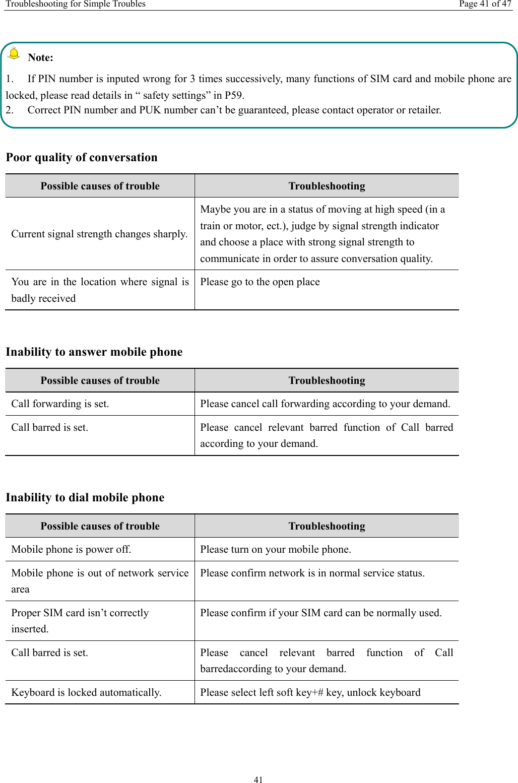 Troubleshooting for Simple Troubles  Page 41 of 47 41   Note:   1.  If PIN number is inputed wrong for 3 times successively, many functions of SIM card and mobile phone are locked, please read details in &ldquo; safety settings&rdquo; in P59.   2.  Correct PIN number and PUK number can&rsquo;t be guaranteed, please contact operator or retailer.  Poor quality of conversation Possible causes of trouble  Troubleshooting Current signal strength changes sharply. Maybe you are in a status of moving at high speed (in a train or motor, ect.), judge by signal strength indicator and choose a place with strong signal strength to communicate in order to assure conversation quality.   You are in the location where signal is badly received Please go to the open place    Inability to answer mobile phone Possible causes of trouble  Troubleshooting Call forwarding is set.    Please cancel call forwarding according to your demand.   Call barred is set.   Please cancel relevant barred function of Call barred according to your demand.    Inability to dial mobile phone Possible causes of trouble  Troubleshooting Mobile phone is power off.    Please turn on your mobile phone. Mobile phone is out of network service area Please confirm network is in normal service status. Proper SIM card isn&rsquo;t correctly inserted. Please confirm if your SIM card can be normally used.   Call barred is set.   Please cancel relevant barred function of Call barredaccording to your demand. Keyboard is locked automatically.    Please select left soft key+# key, unlock keyboard  