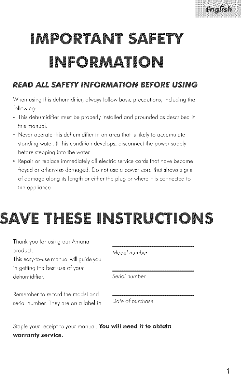 Page 2 of 9 - AMANA  Dehumidifier Manual L0501532