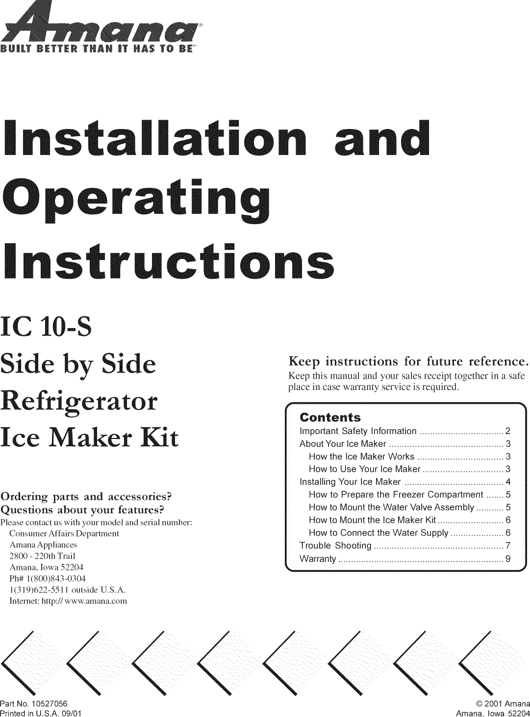 Page 1 of 10 - AMANA  Ice Maker Kits Manual L1003084